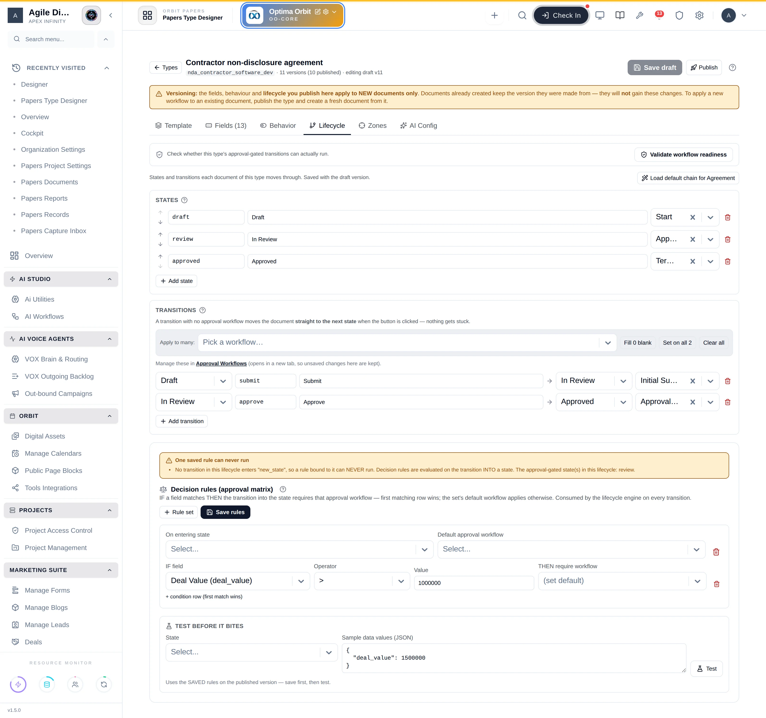 The Lifecycle tab showing states, transitions and the decision-rules approval matrix