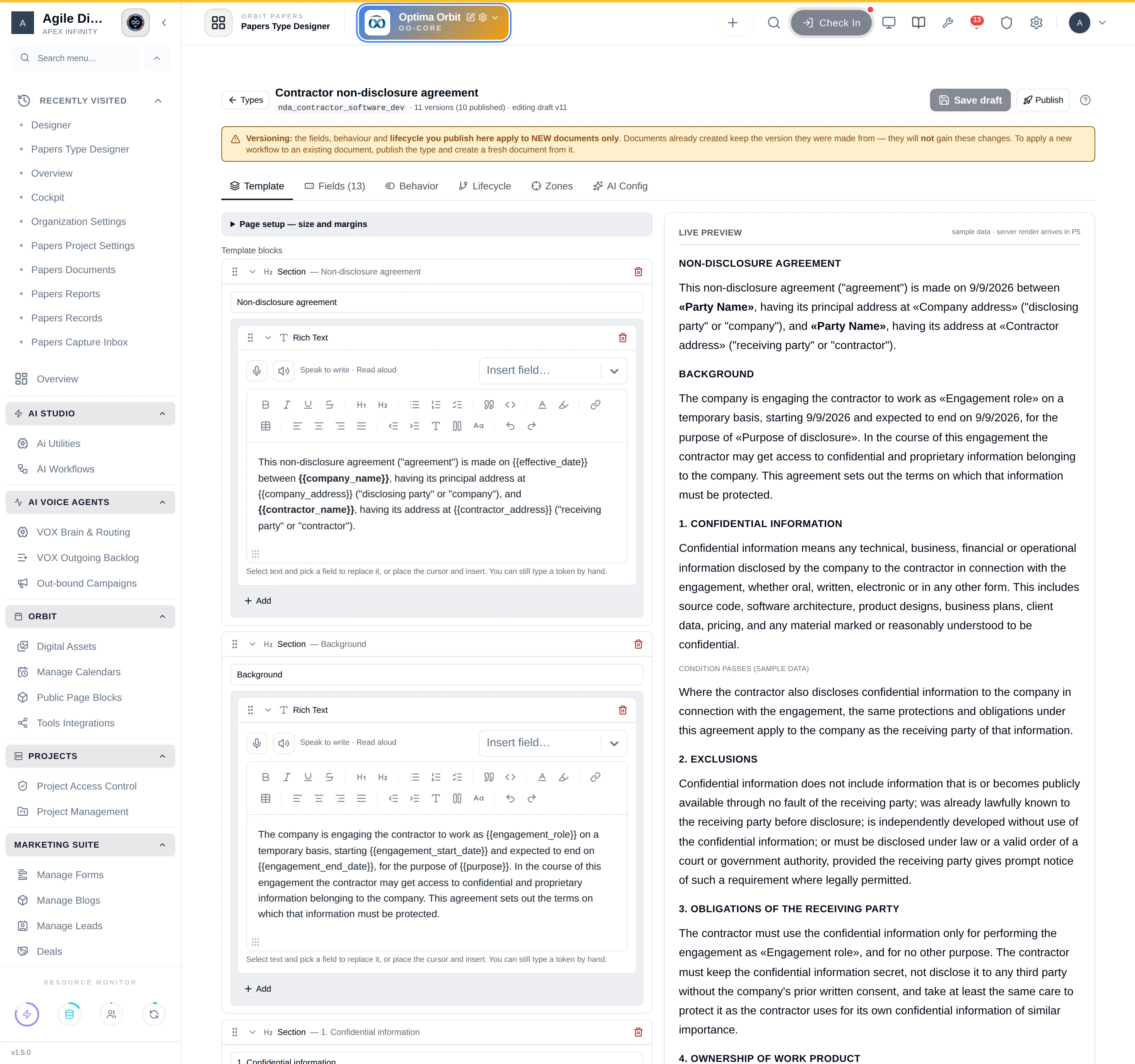 The Template tab: blocks and a rich-text editor on the left, the live preview on the right