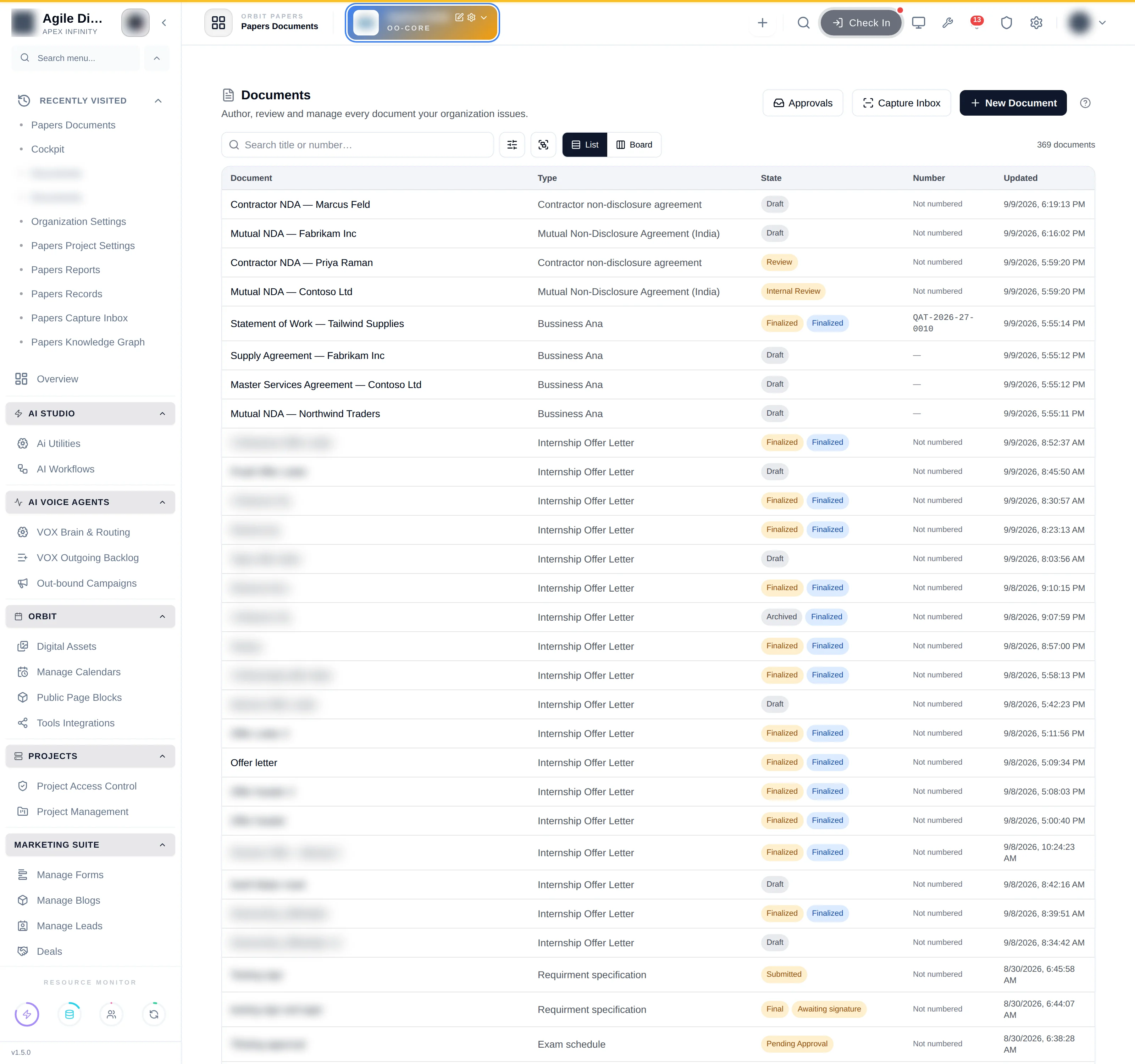 The Papers documents list, showing agreements with their type, state, number and last update