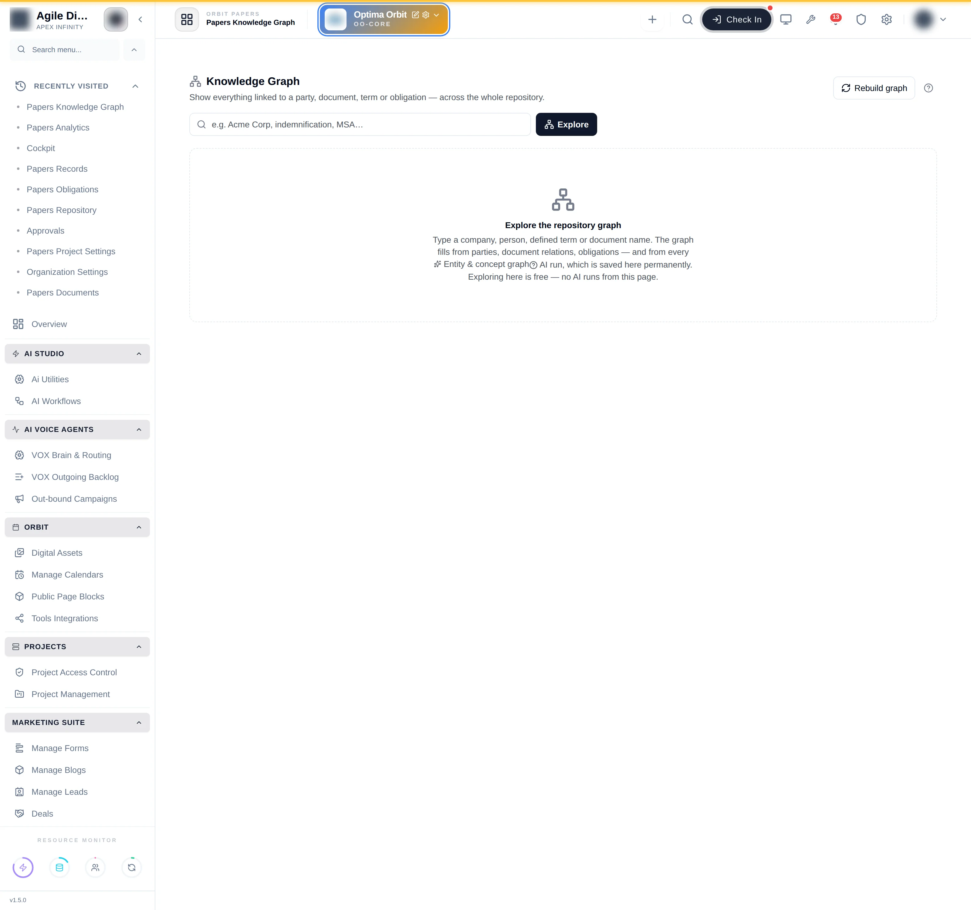 The knowledge graph explorer showing entities extracted from documents and the links between them