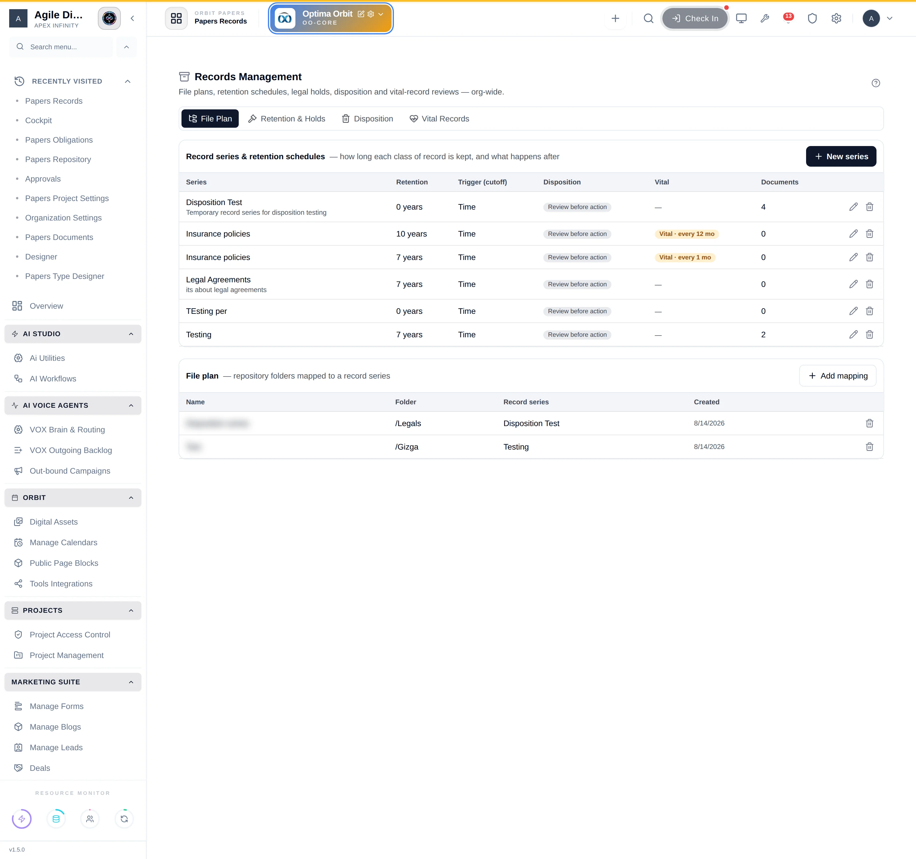 Records Management, File Plan tab: record series with retention and disposition, and folder mappings below