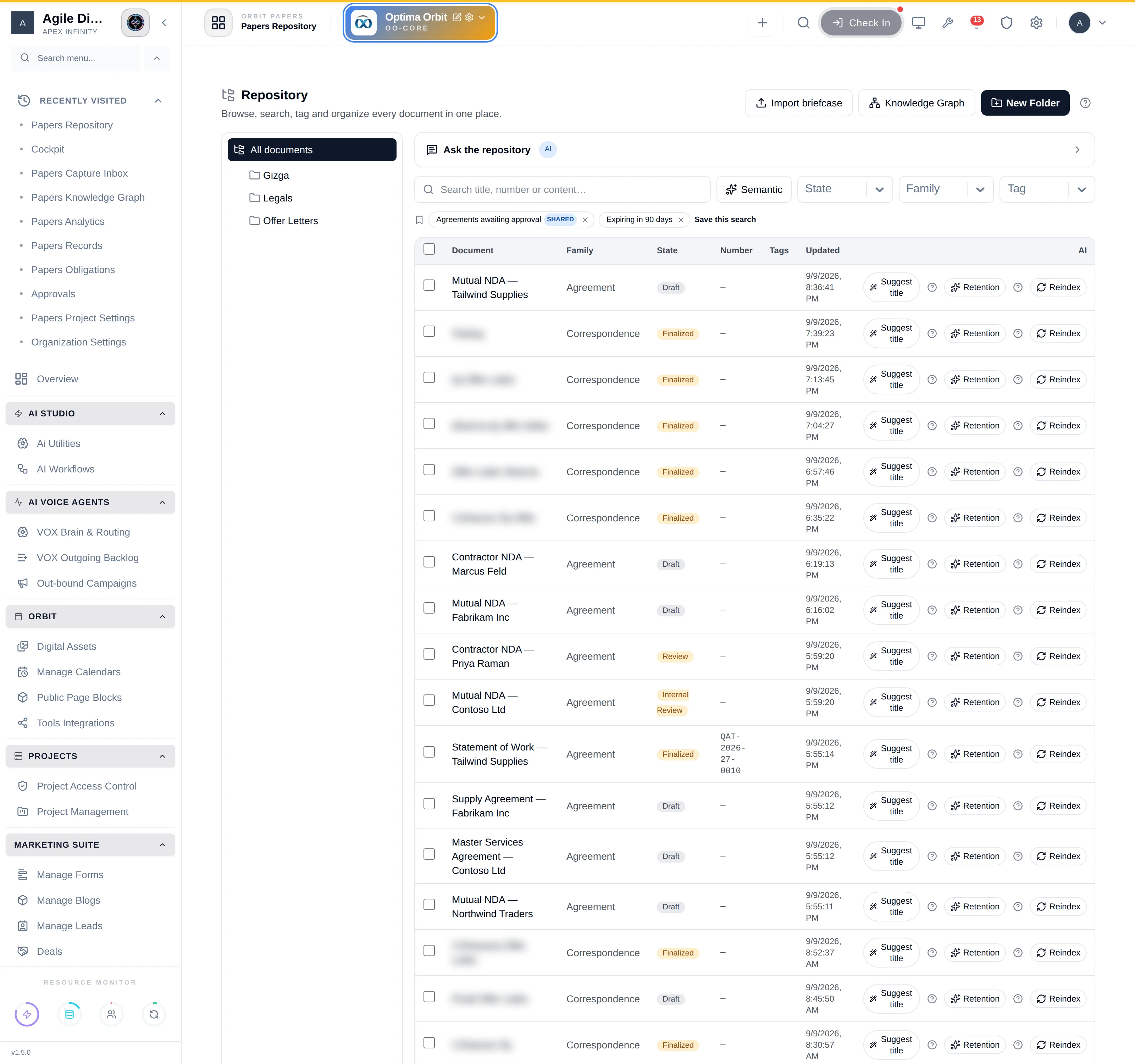 The repository: folder tree, search bar with semantic toggle, saved searches and the document table