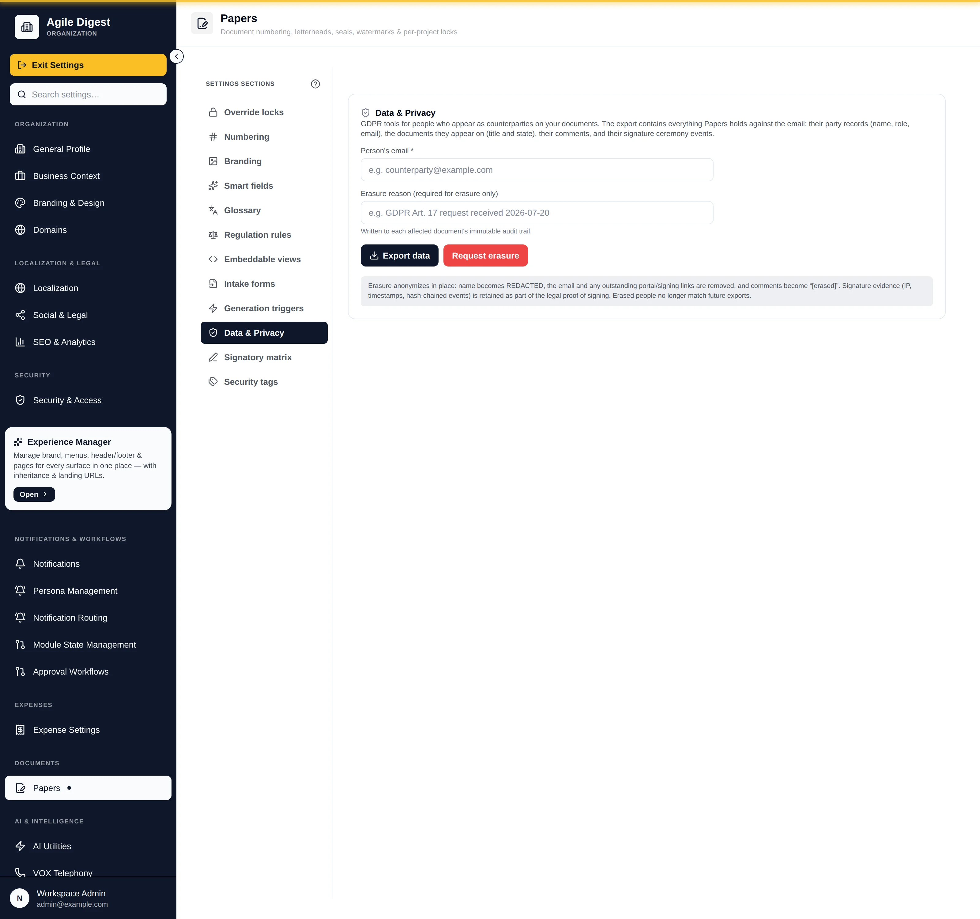 The Data and Privacy section, keyed on a person's email address