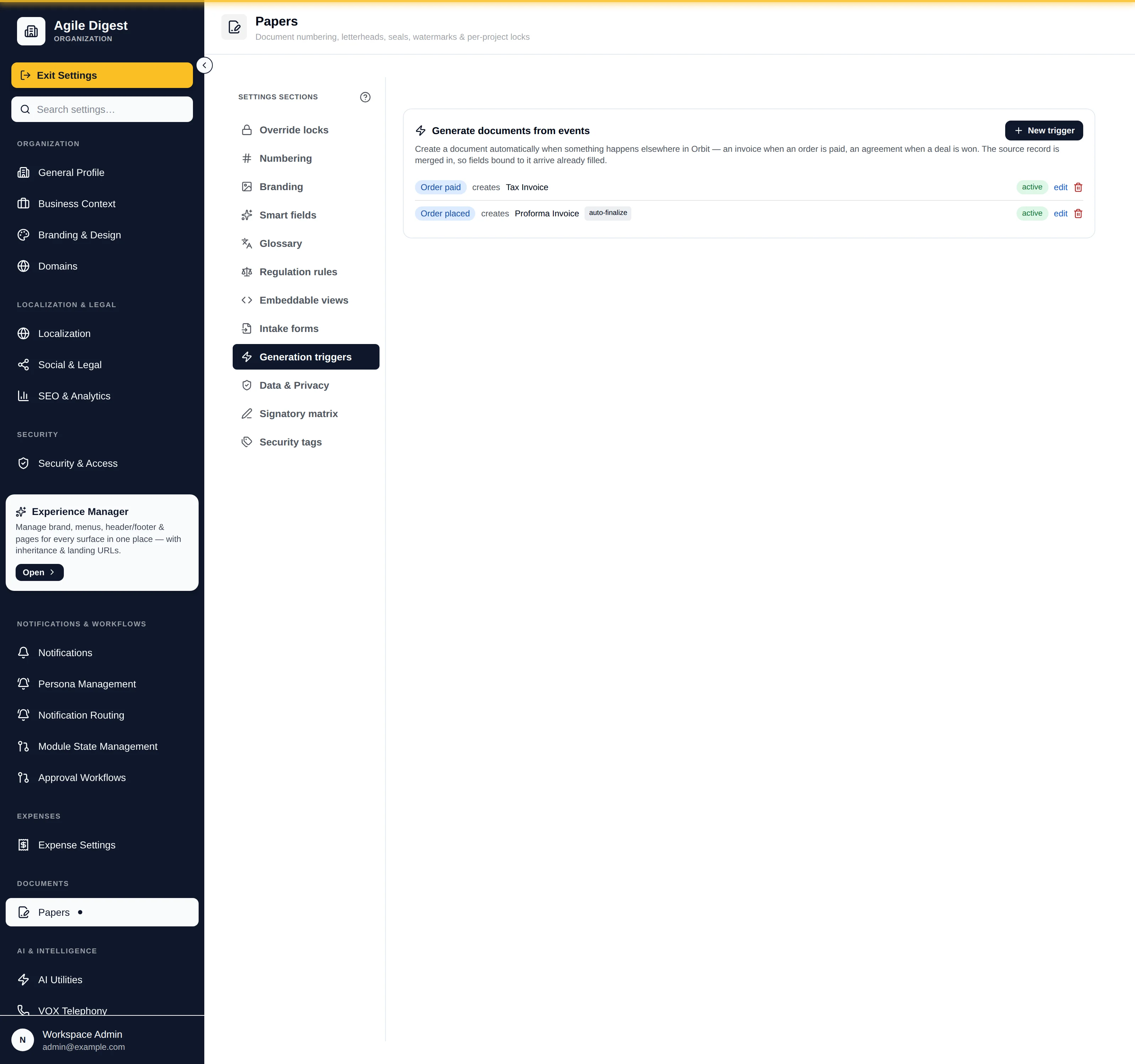 The generation triggers section, listing the events that generate documents
