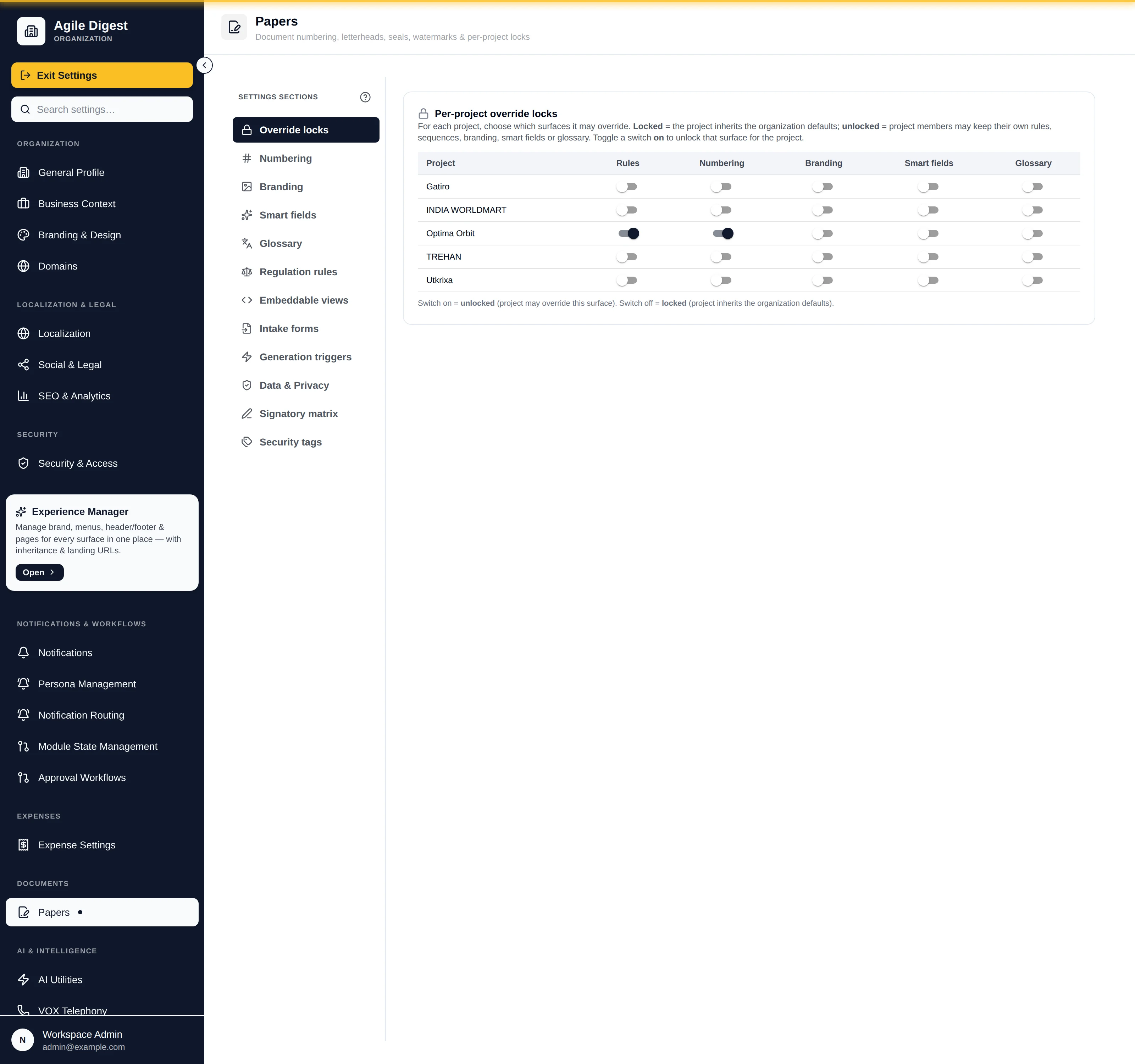 The organisation Papers settings hub, its section rail, and the per-project override locks table