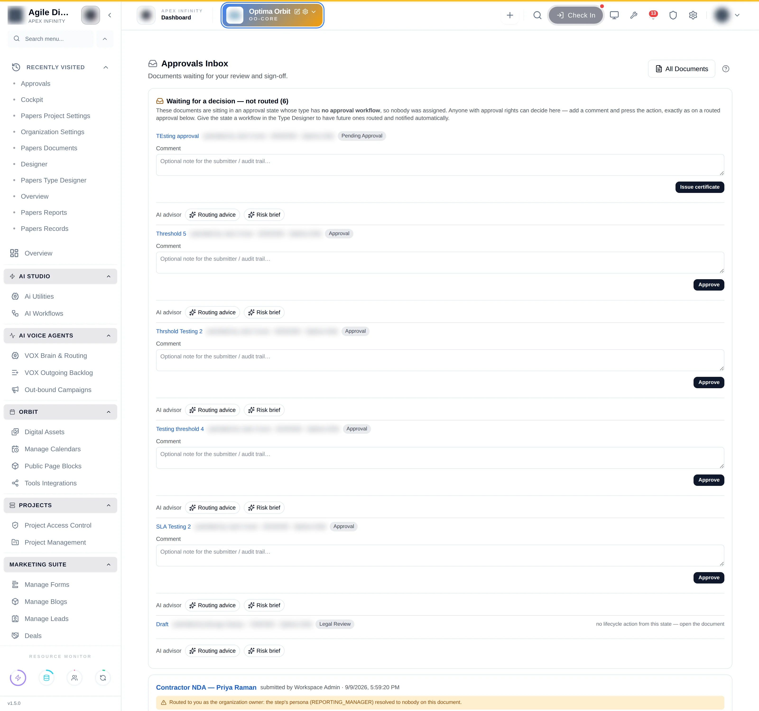 The approvals inbox, showing unrouted documents at the top with a comment box and action on each
