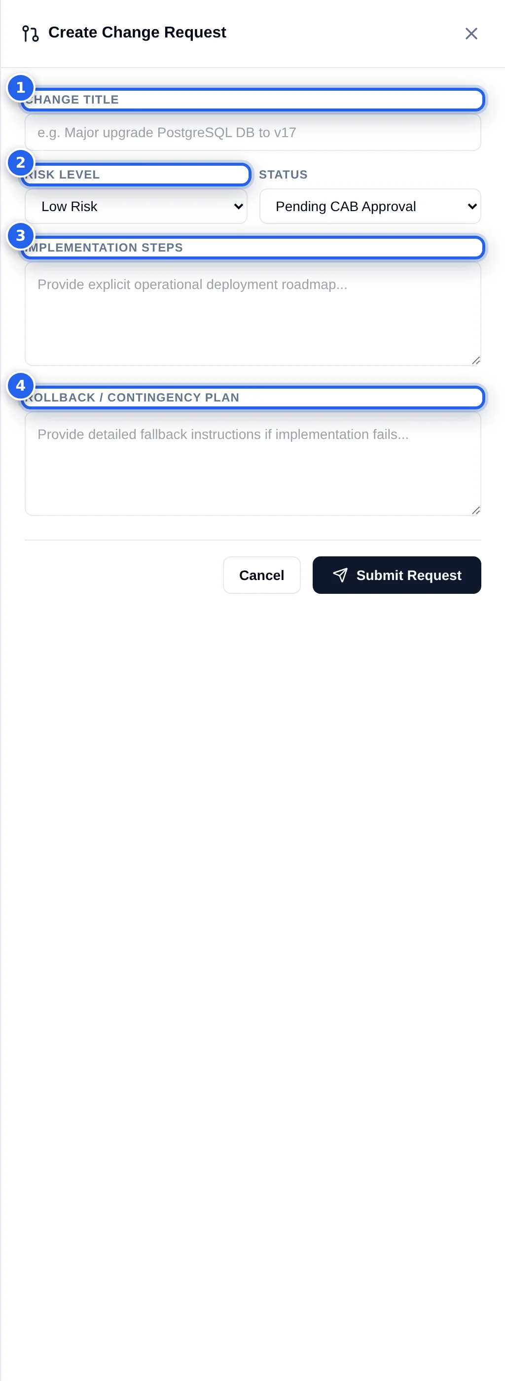 The Create Change Request drawer with change title, risk level, implementation steps and rollback plan fields numbered