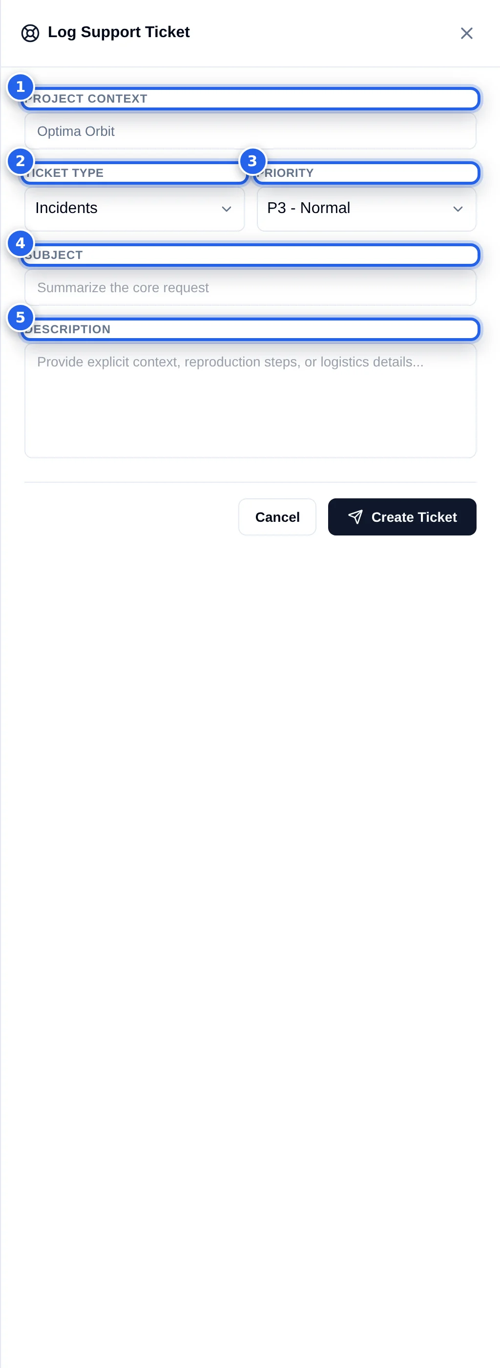 The Log Support Ticket drawer with project context, ticket type, priority, subject and description fields numbered one to five
