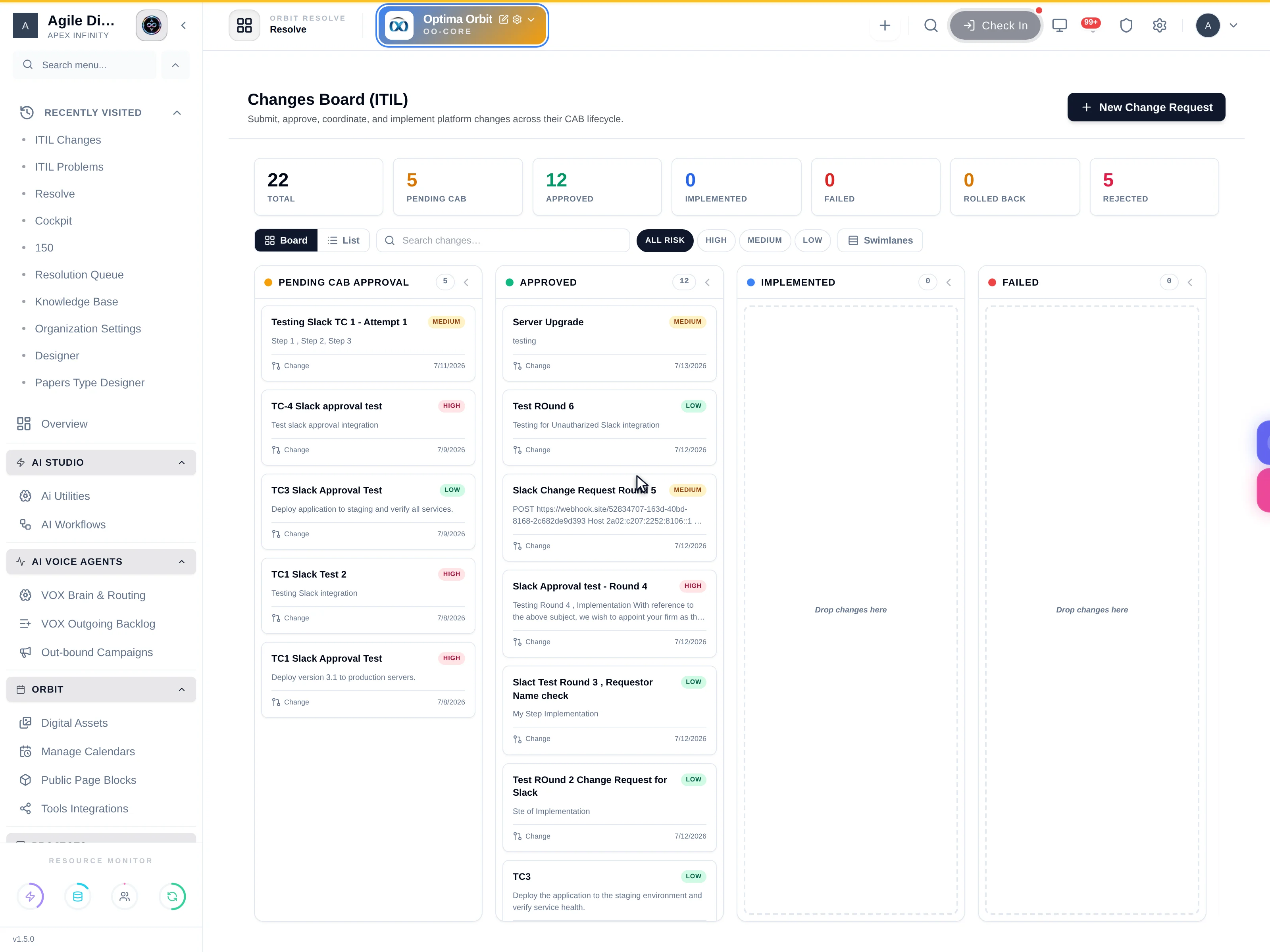 The Changes Board with seven count tiles, board and list toggle, risk filters, swimlanes toggle and Kanban columns