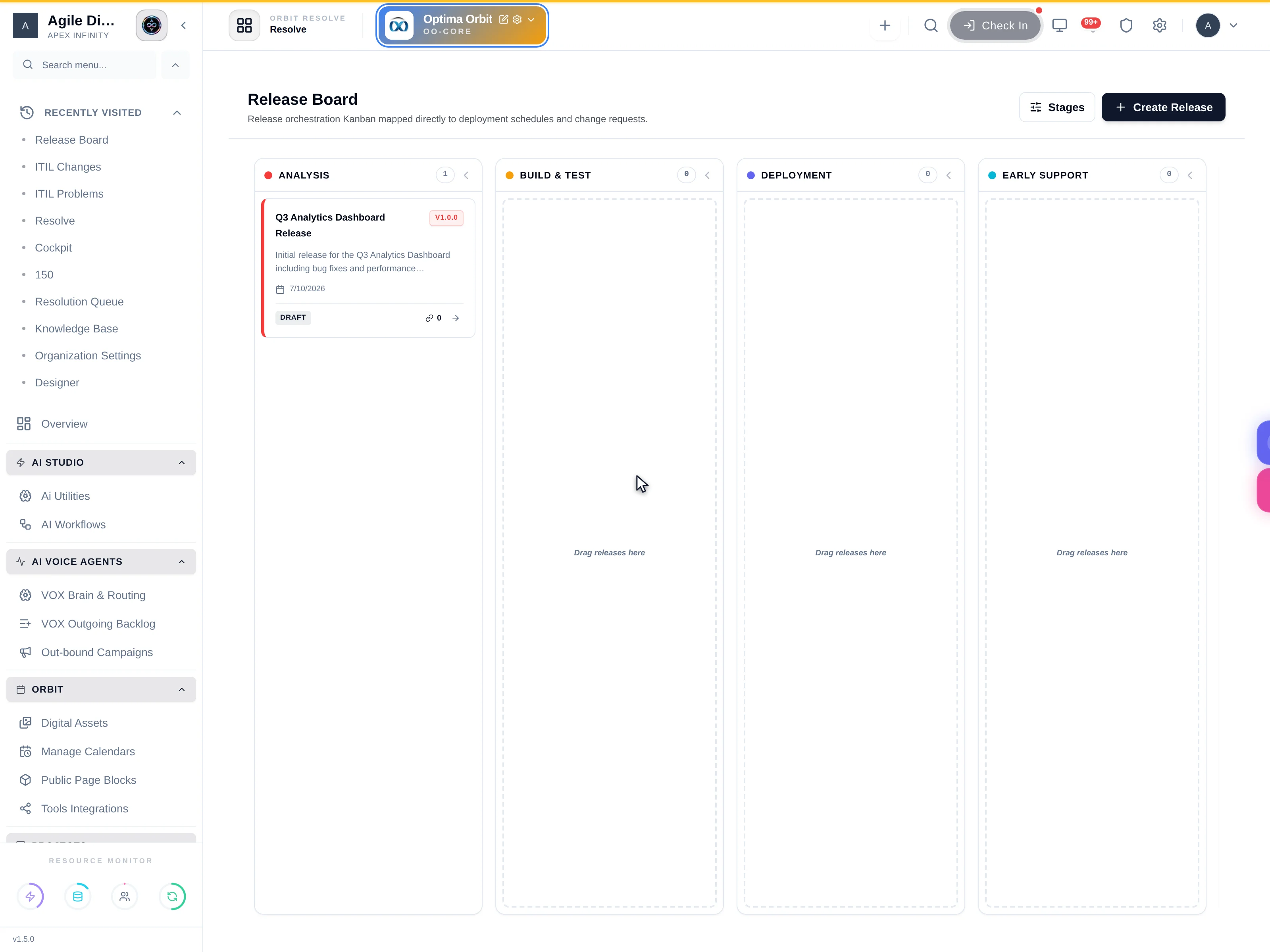 The Release Board with Stages and Create Release buttons and columns for Analysis, Build and Test, Deployment and Early Support