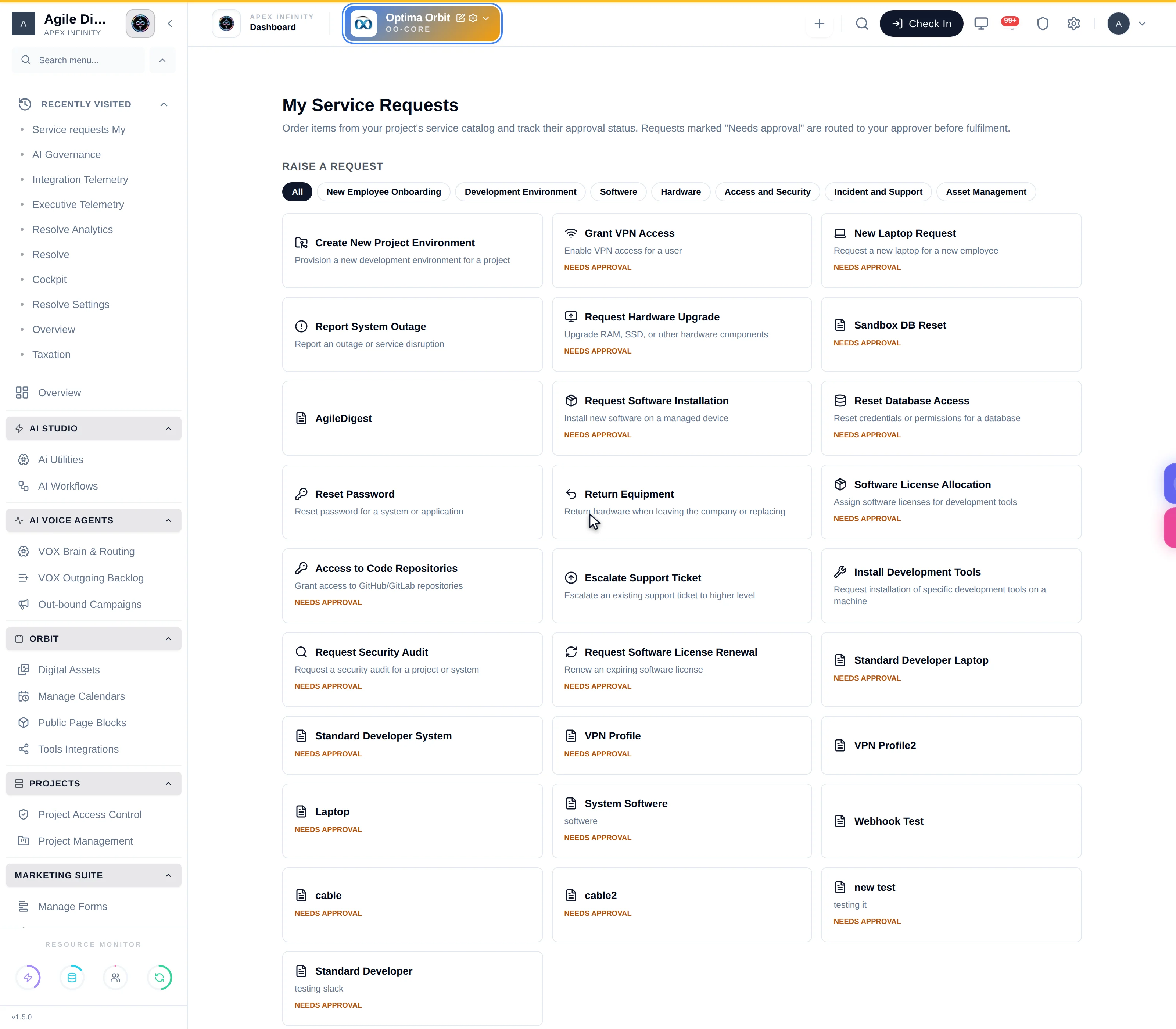 The My Requests table listing requests with item key, project, status, ticket reference and requested timestamp