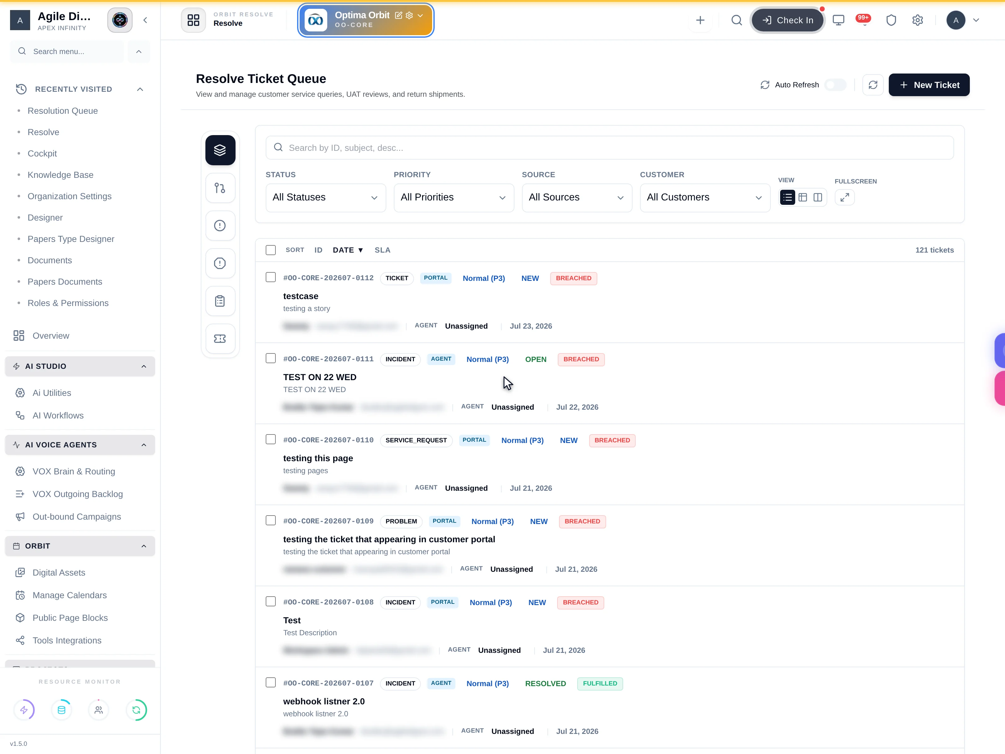 The Resolve Ticket Queue with search, four filters, view switch, sort bar and ticket rows