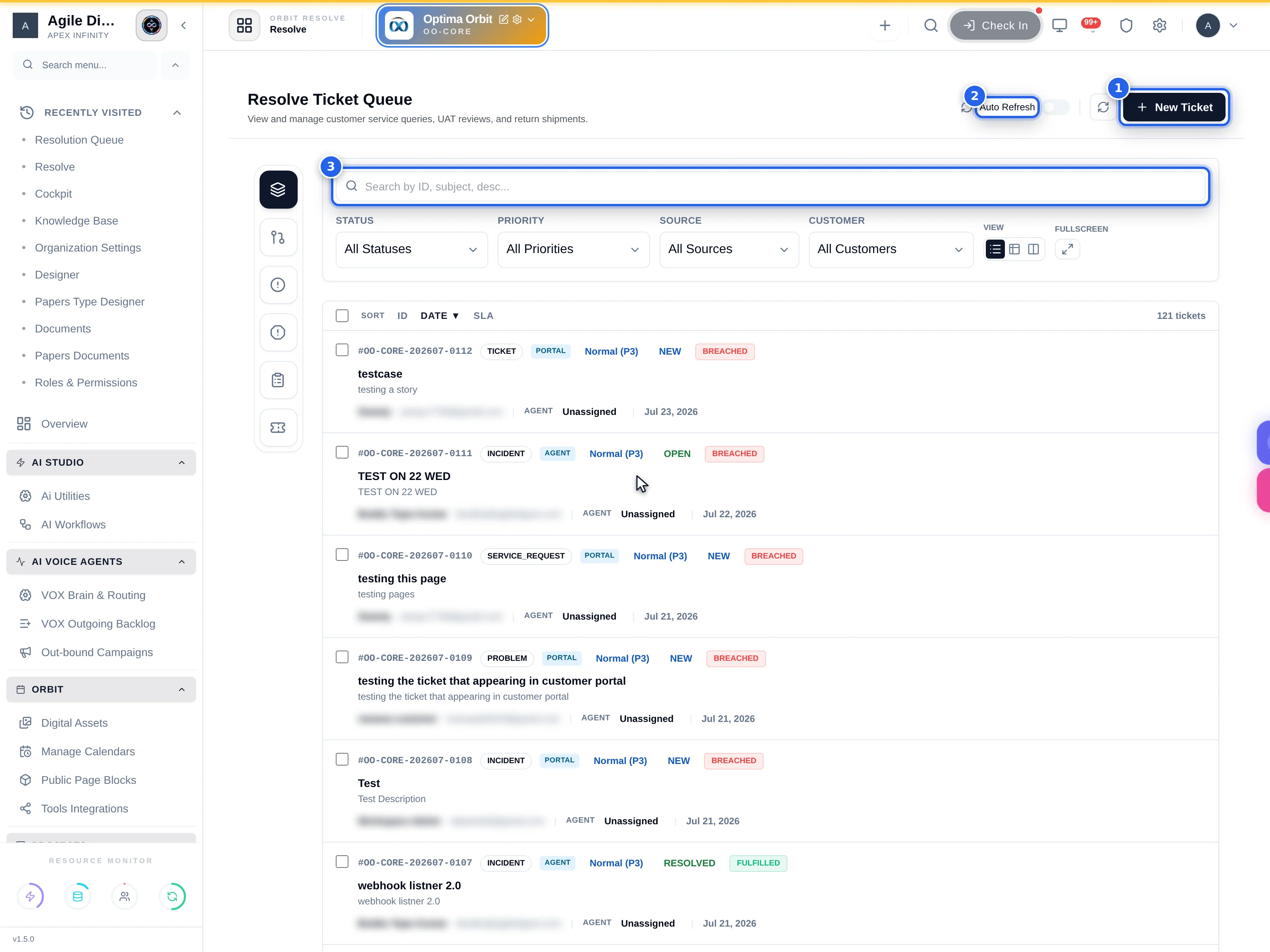 The queue header and filter bar with New Ticket, Auto Refresh and the search field numbered