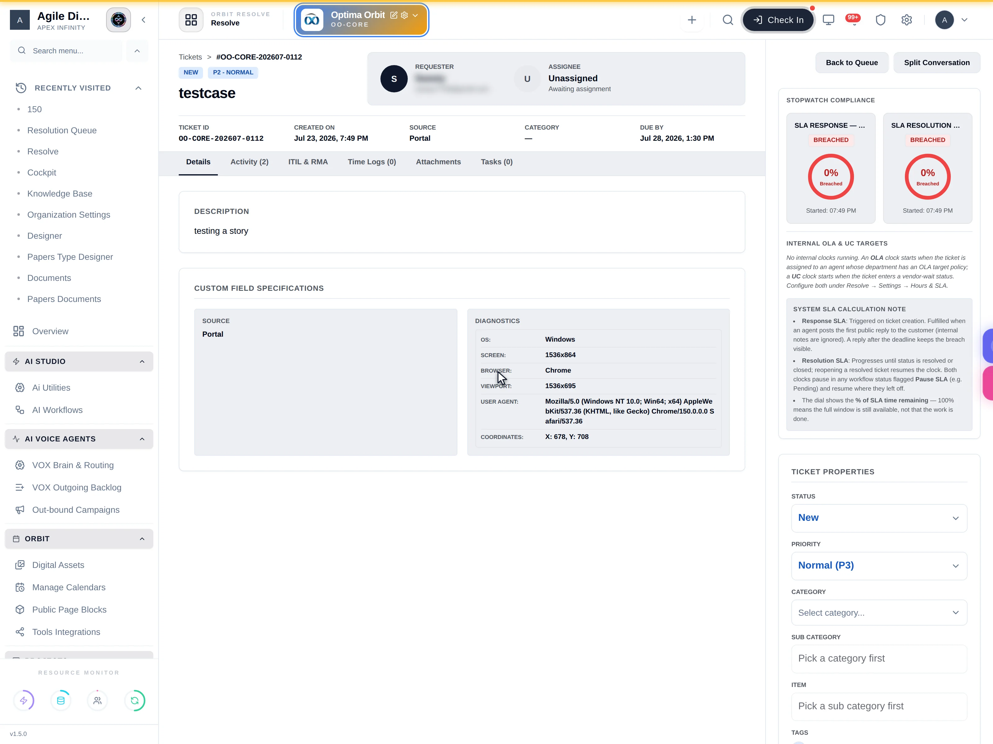 A ticket detail page showing the header with requester and assignee, the six tabs, description and custom fields, and the right rail with stopwatch compliance and ticket properties