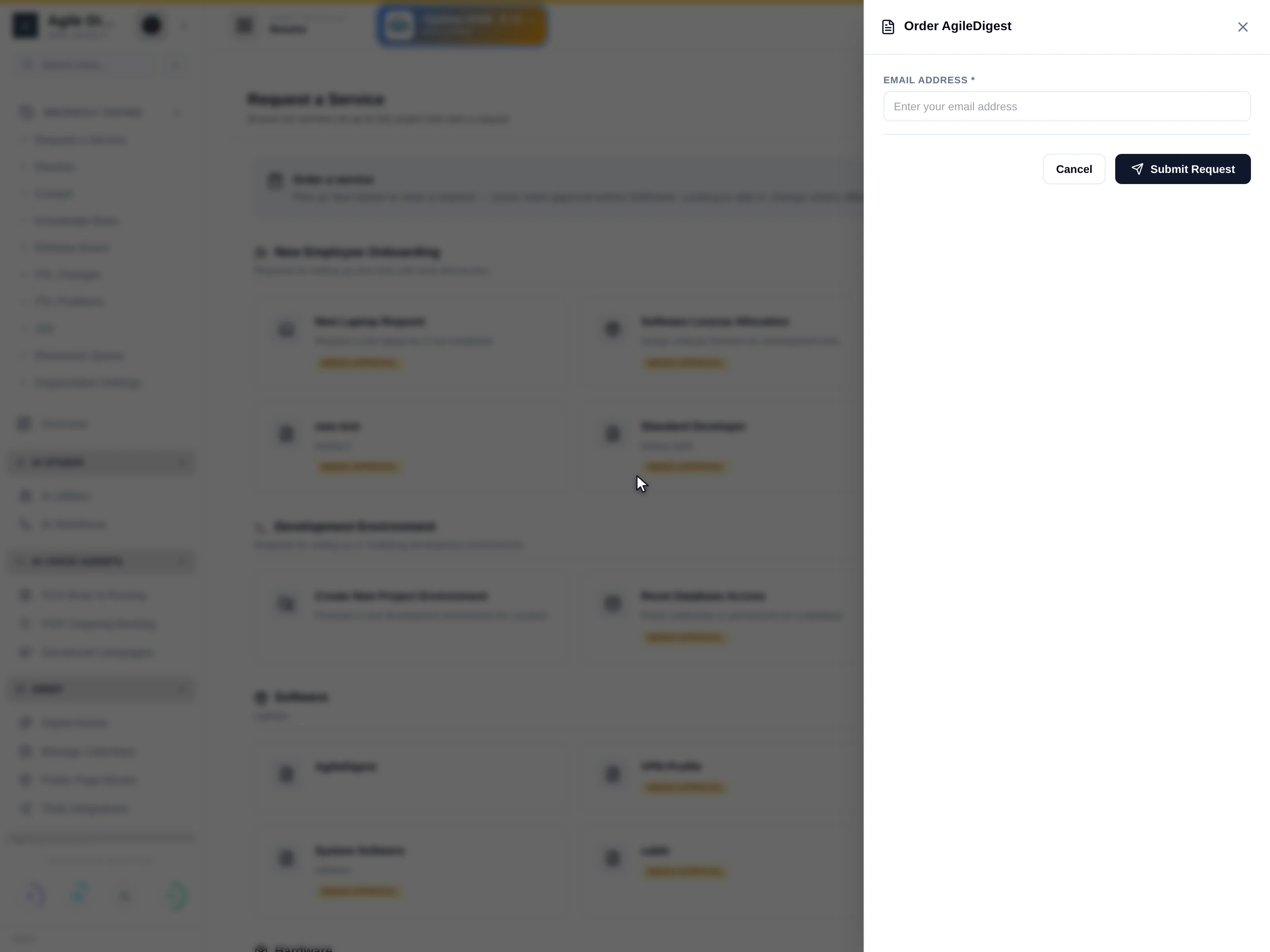 An order drawer for an item with no intake fields, showing the no-additional-details message and a submit button