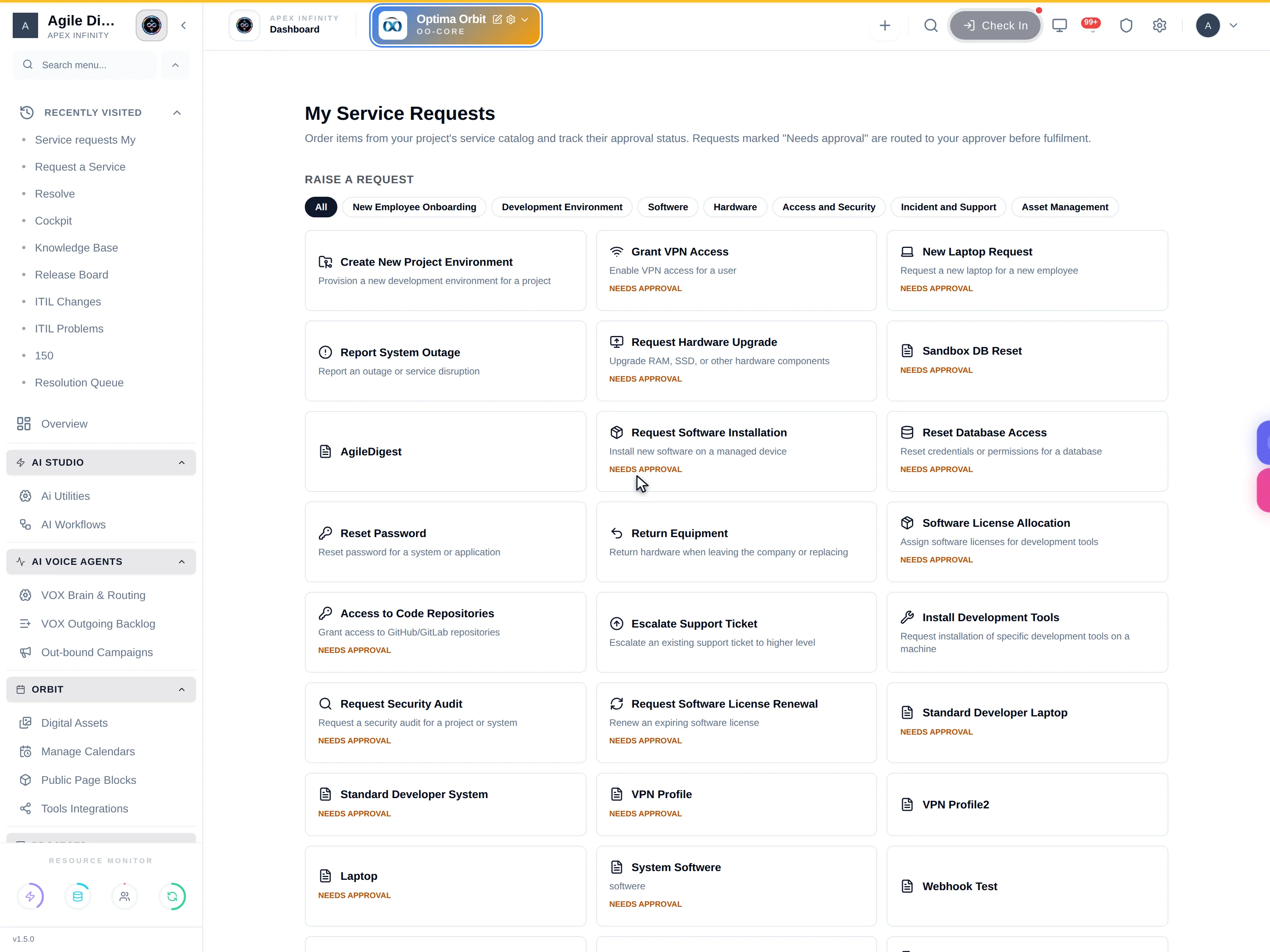 The My Requests table listing requests with their item key, project, status, ticket reference and requested timestamp