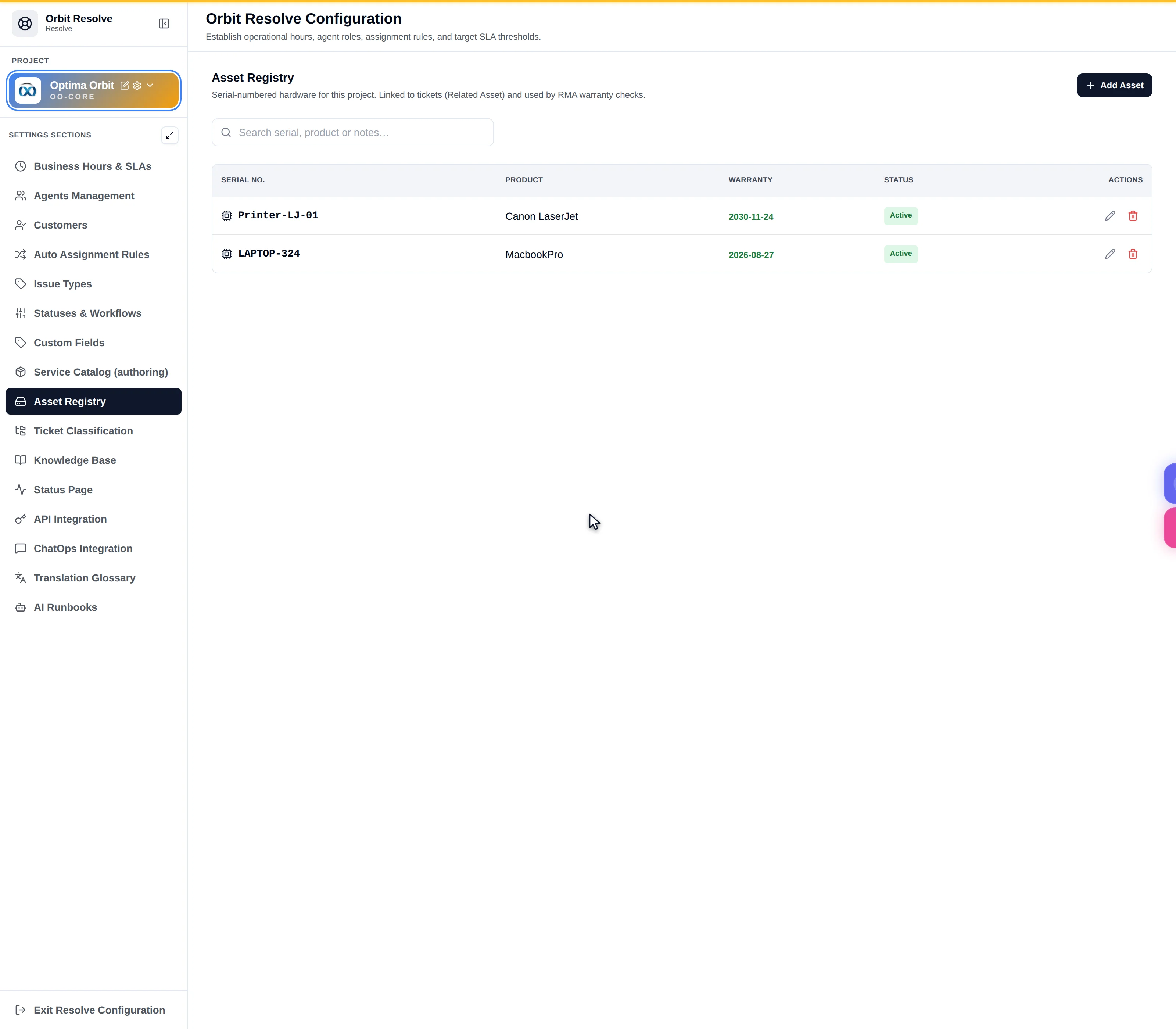 The Asset Registry tab listing registered assets