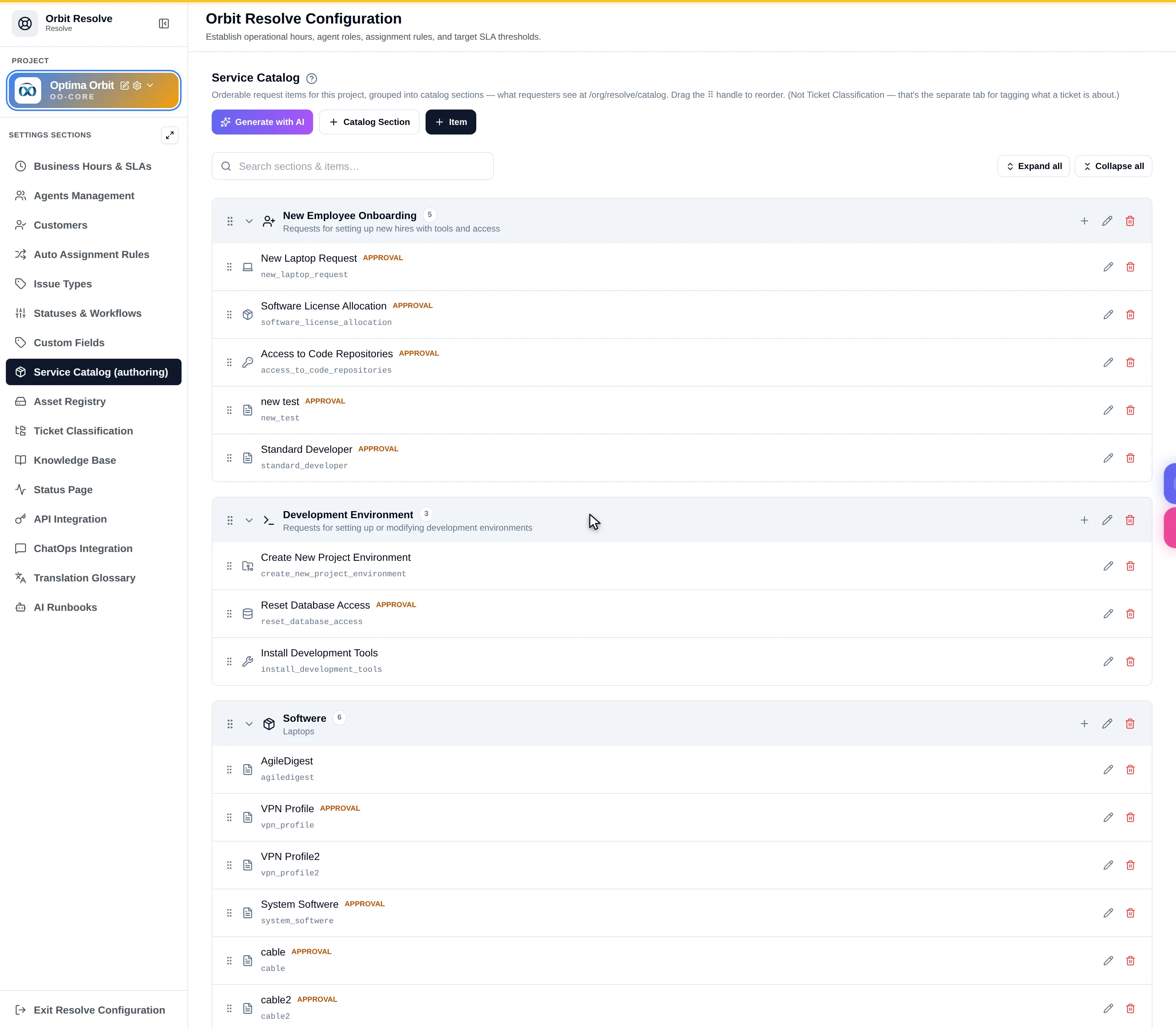 The Service Catalog authoring tab with sections, items and an item editor