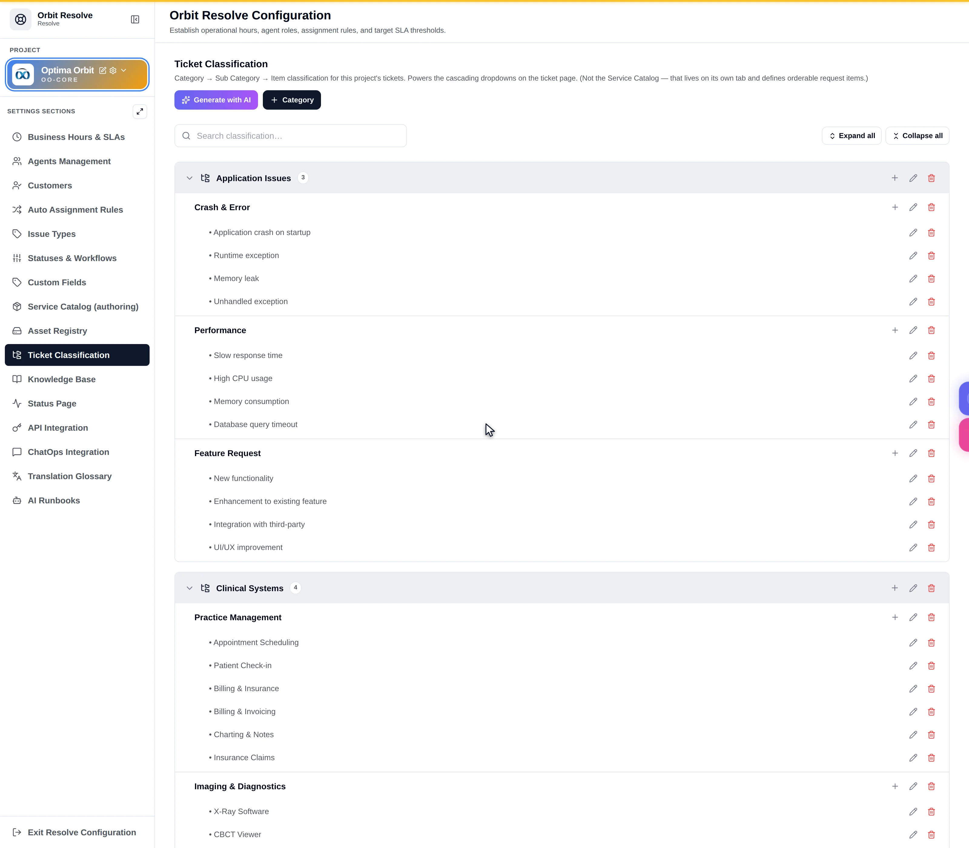 The Ticket Classification tab showing categories with nested sub-categories