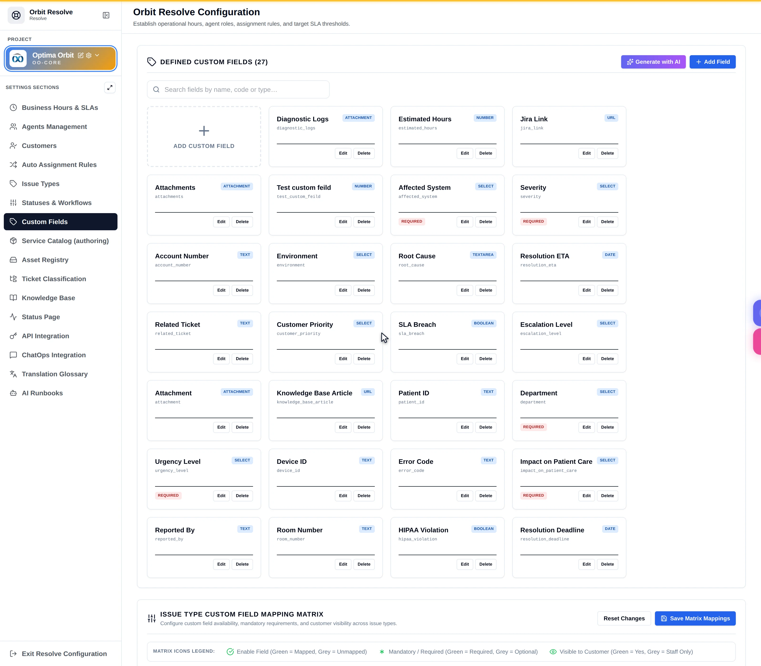The Custom Fields tab with a searchable field list and an Add Custom Field form