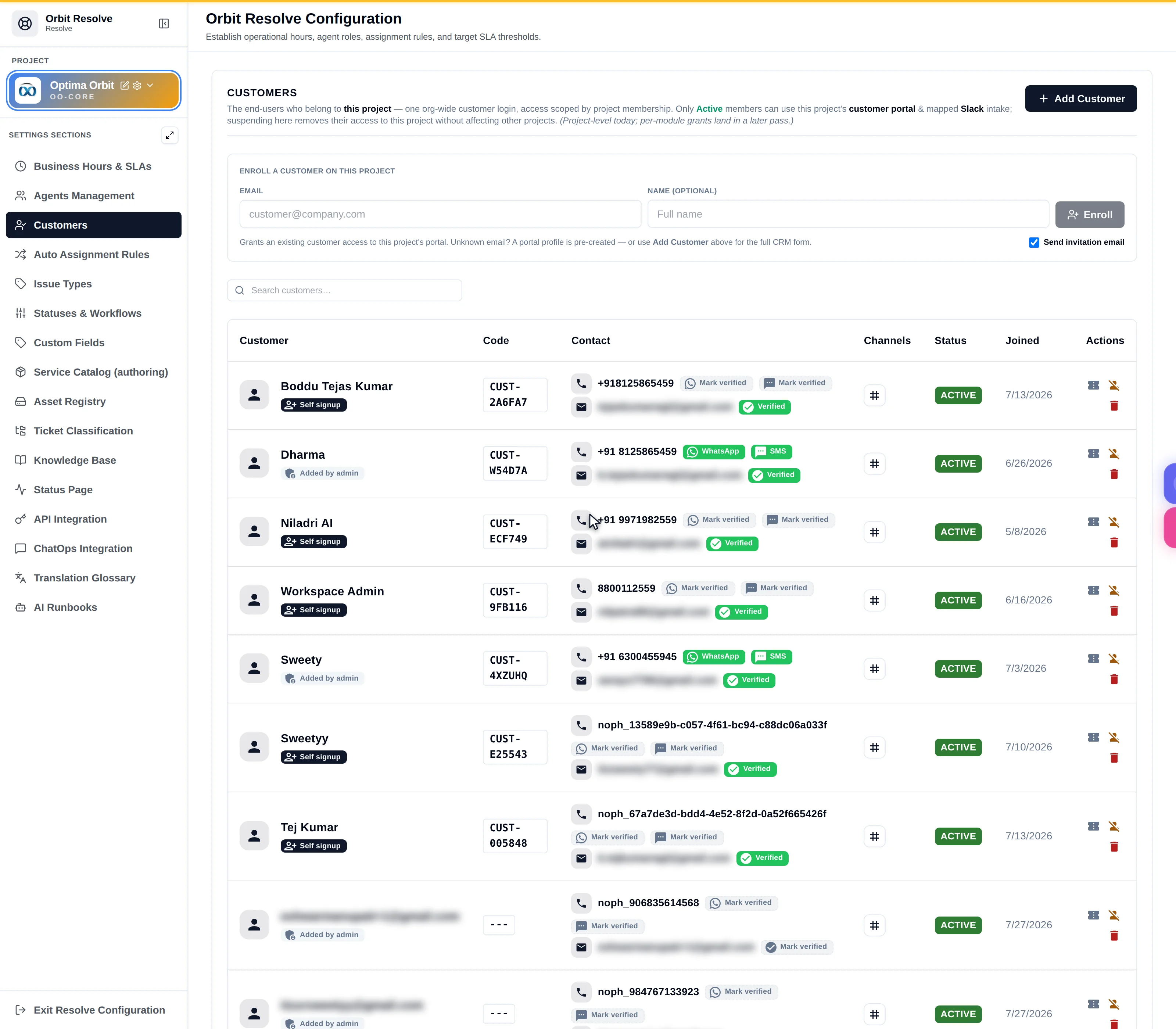The Customers tab with an enrolment form and a table of customers showing contact, channels, status and joined date