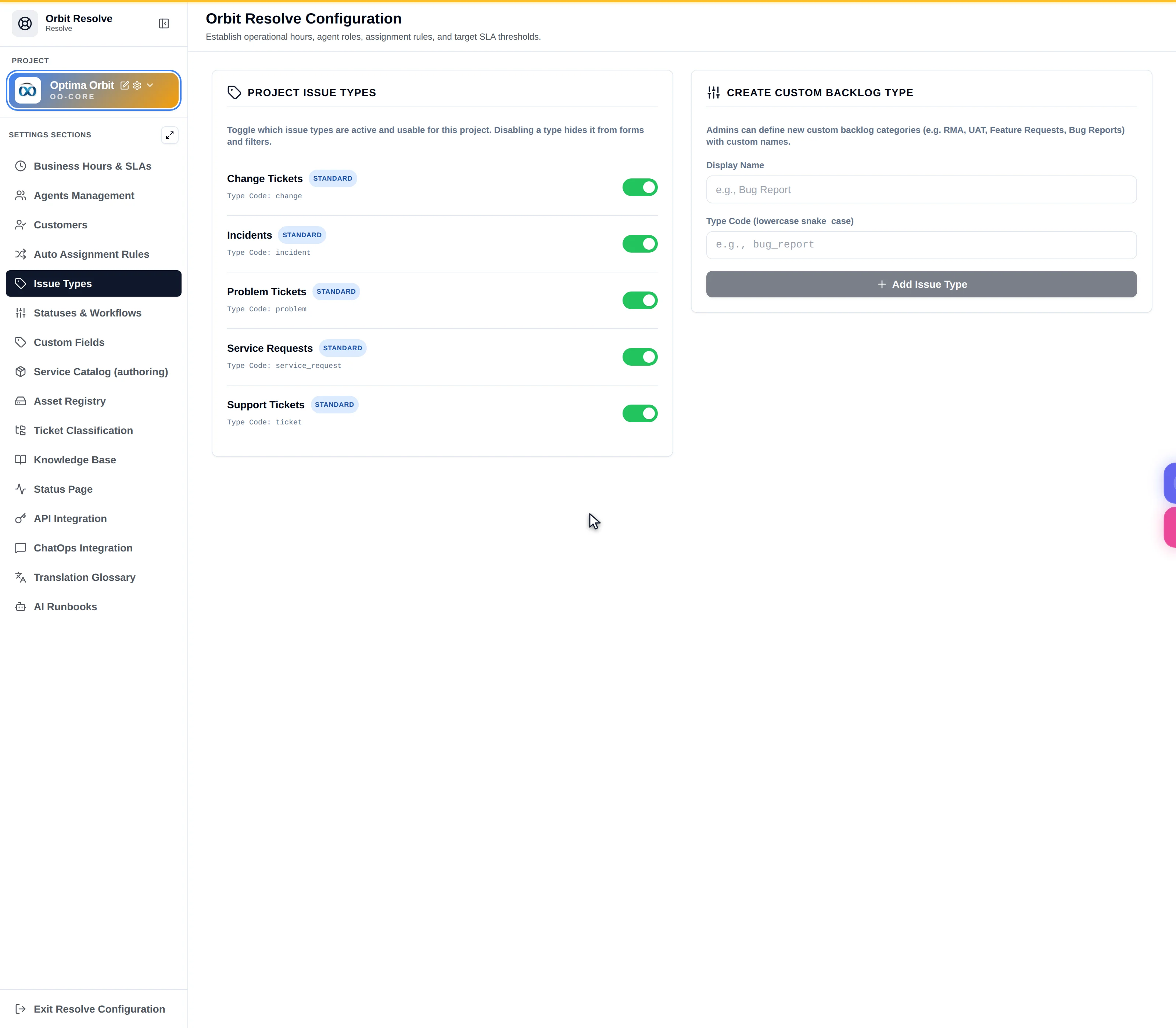 The Project Issue Types tab listing types with a Create Custom Backlog Type form