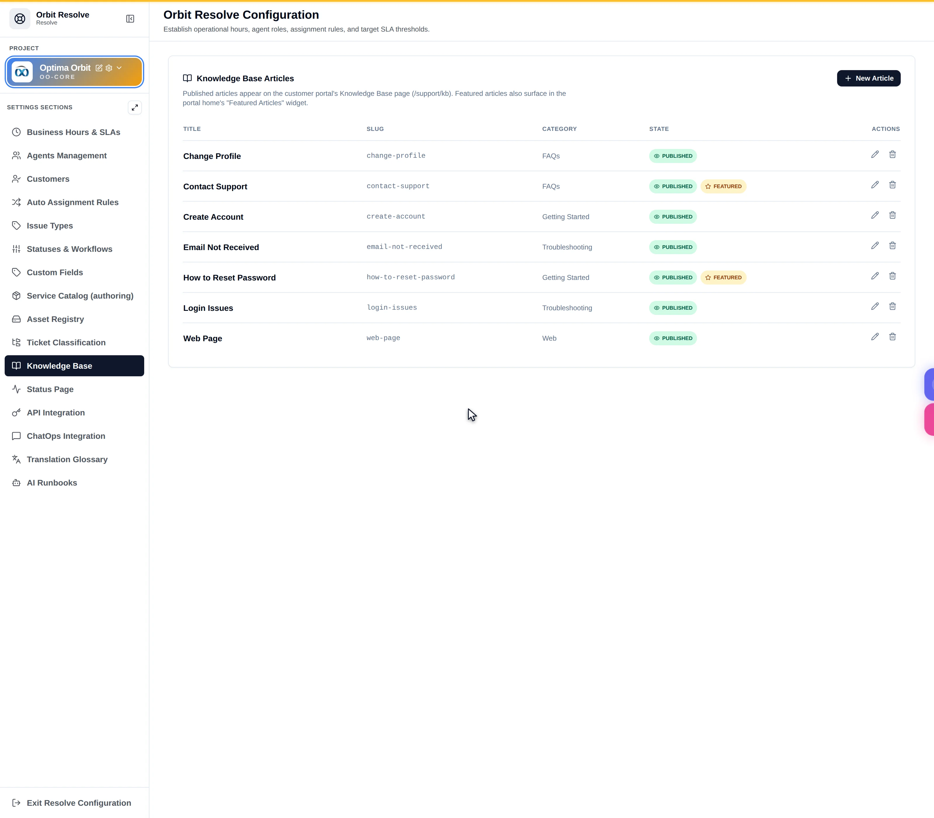 The Knowledge Base settings tab for authoring customer-facing articles