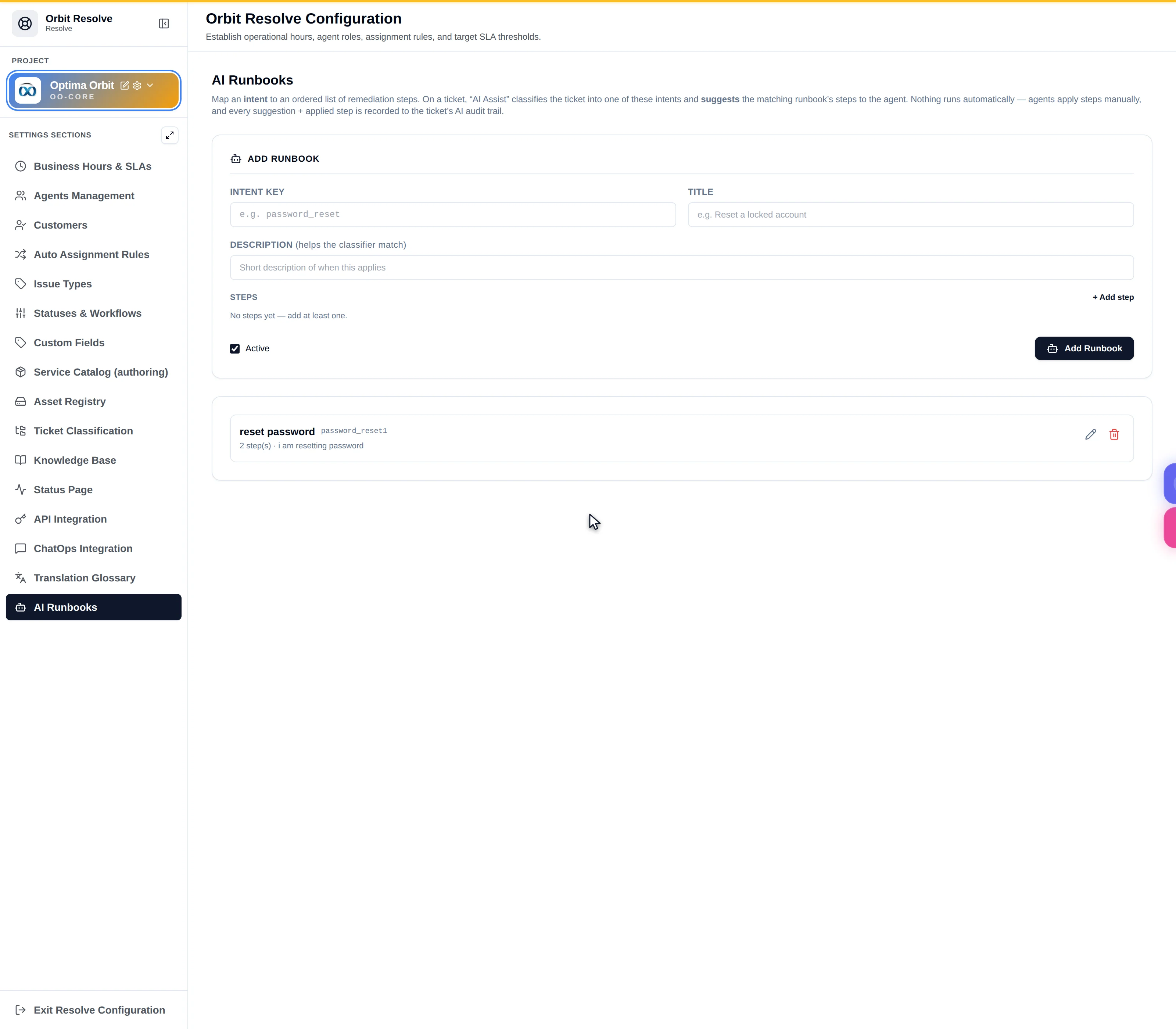 The AI Runbooks tab with a runbook editor showing intent key, title, description and steps