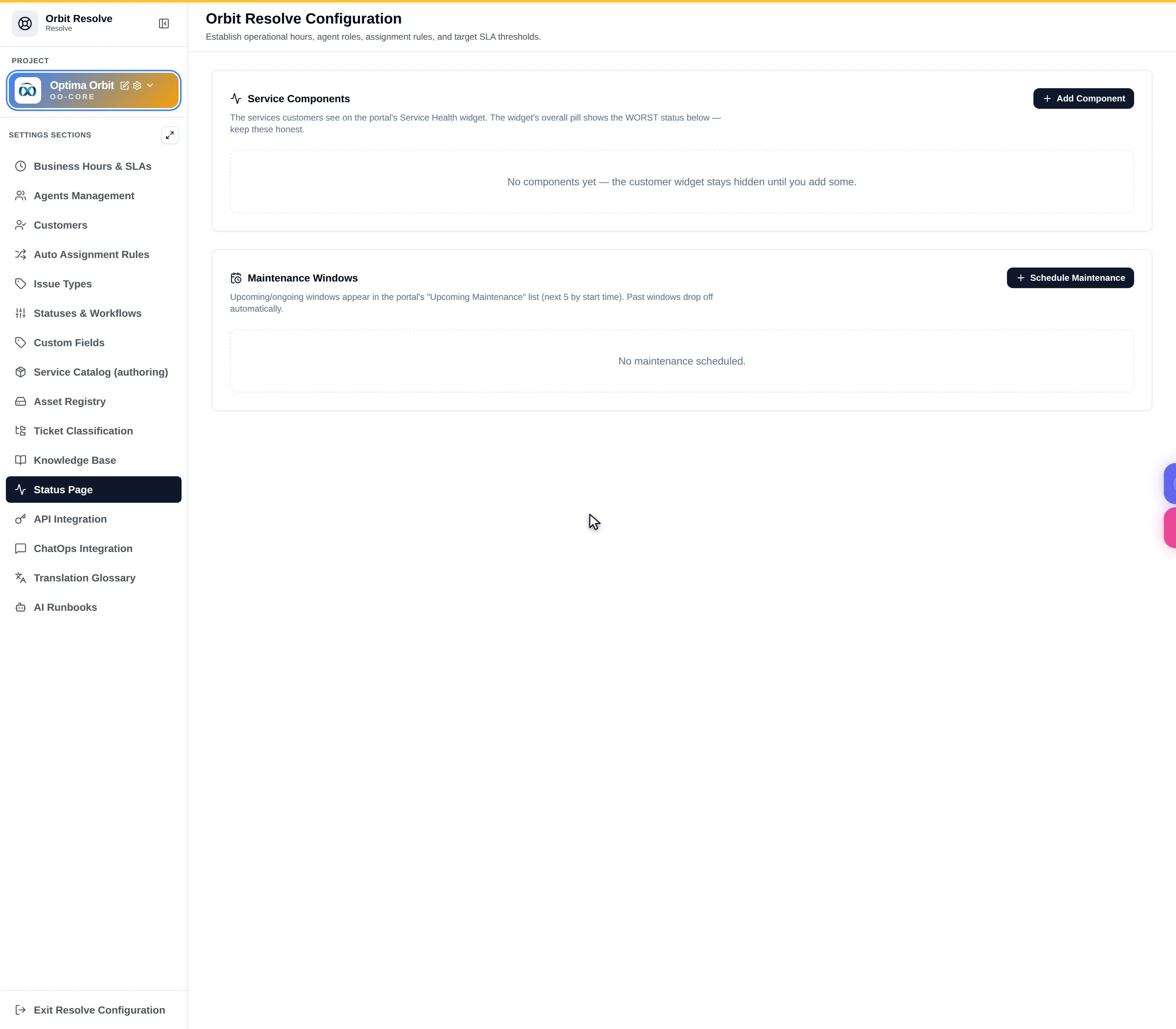 The Status Page settings tab