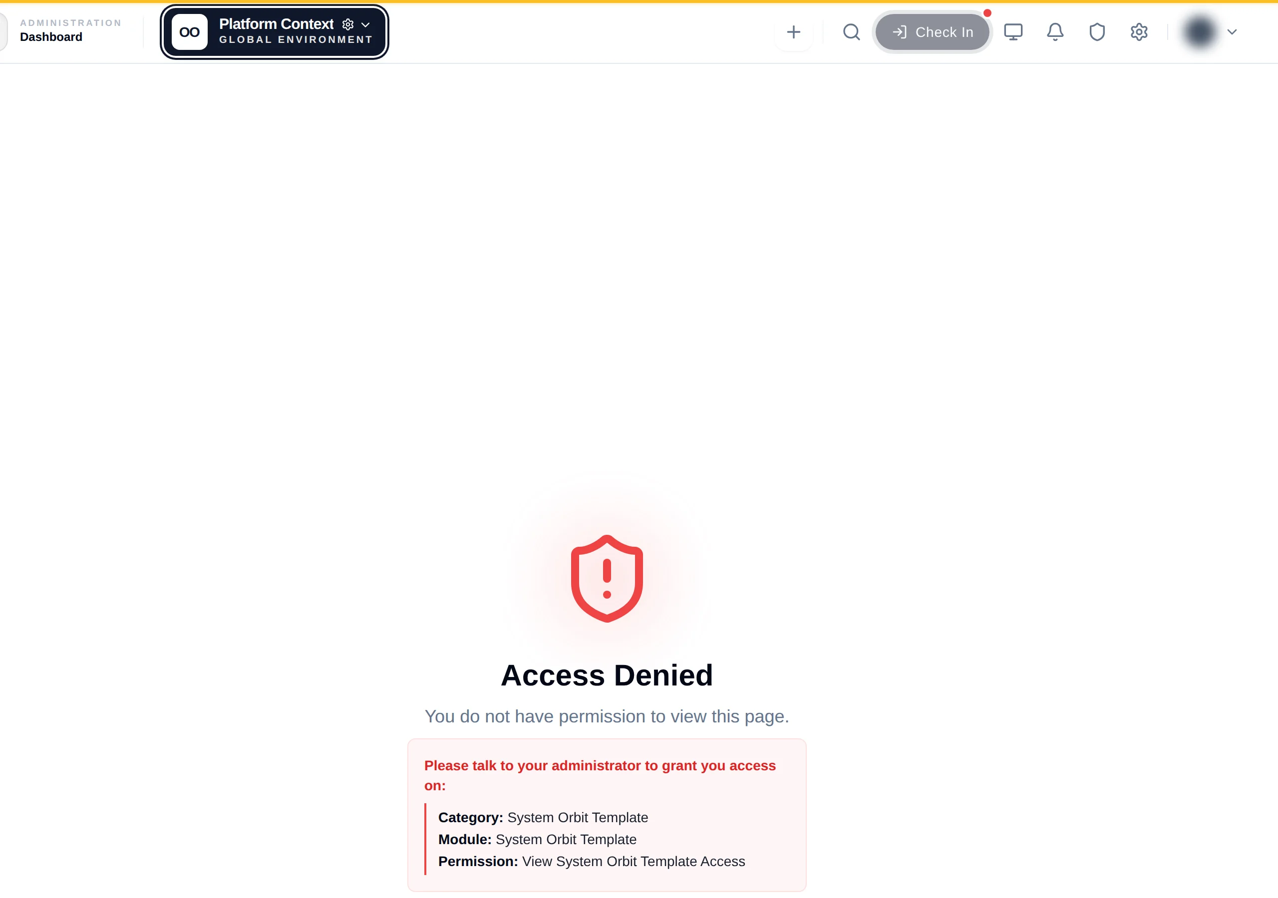 An Access Denied page naming the System Orbit Template module and the permission required