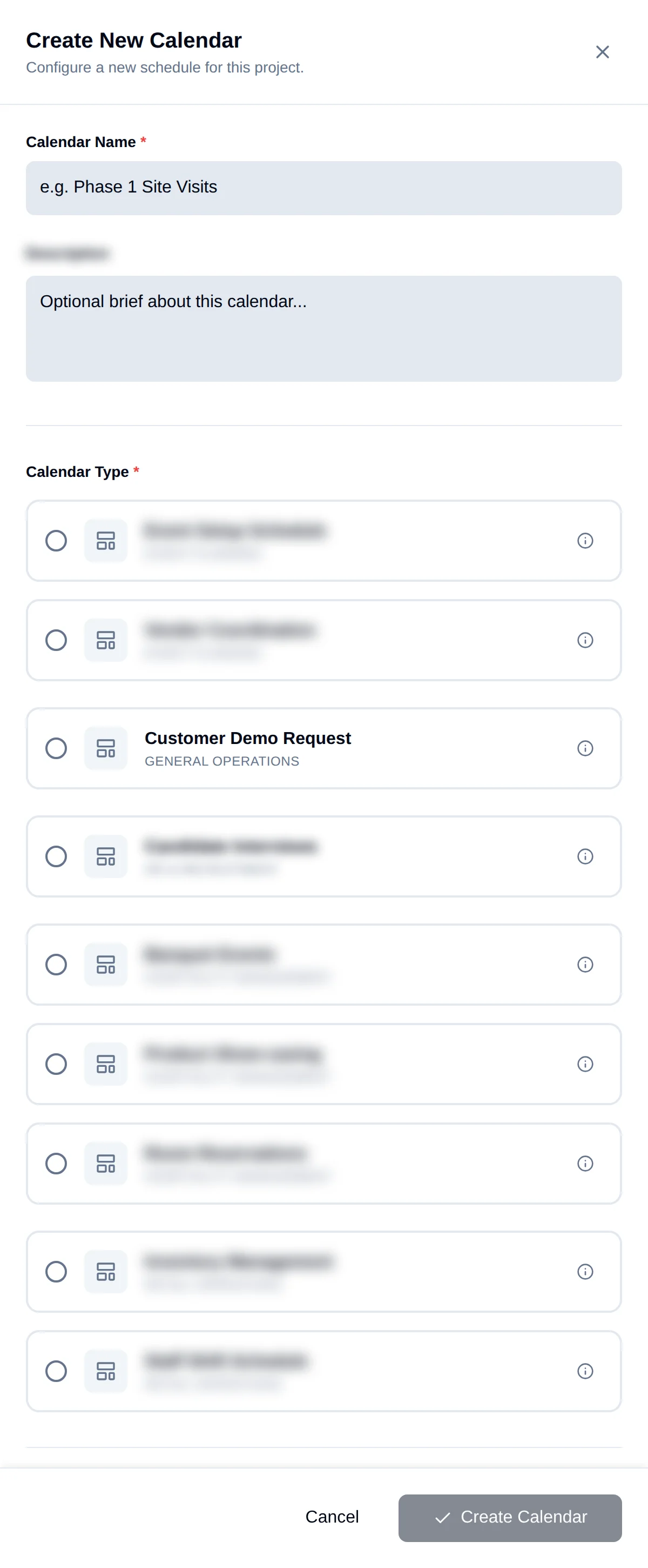 The create-calendar drawer, open and empty