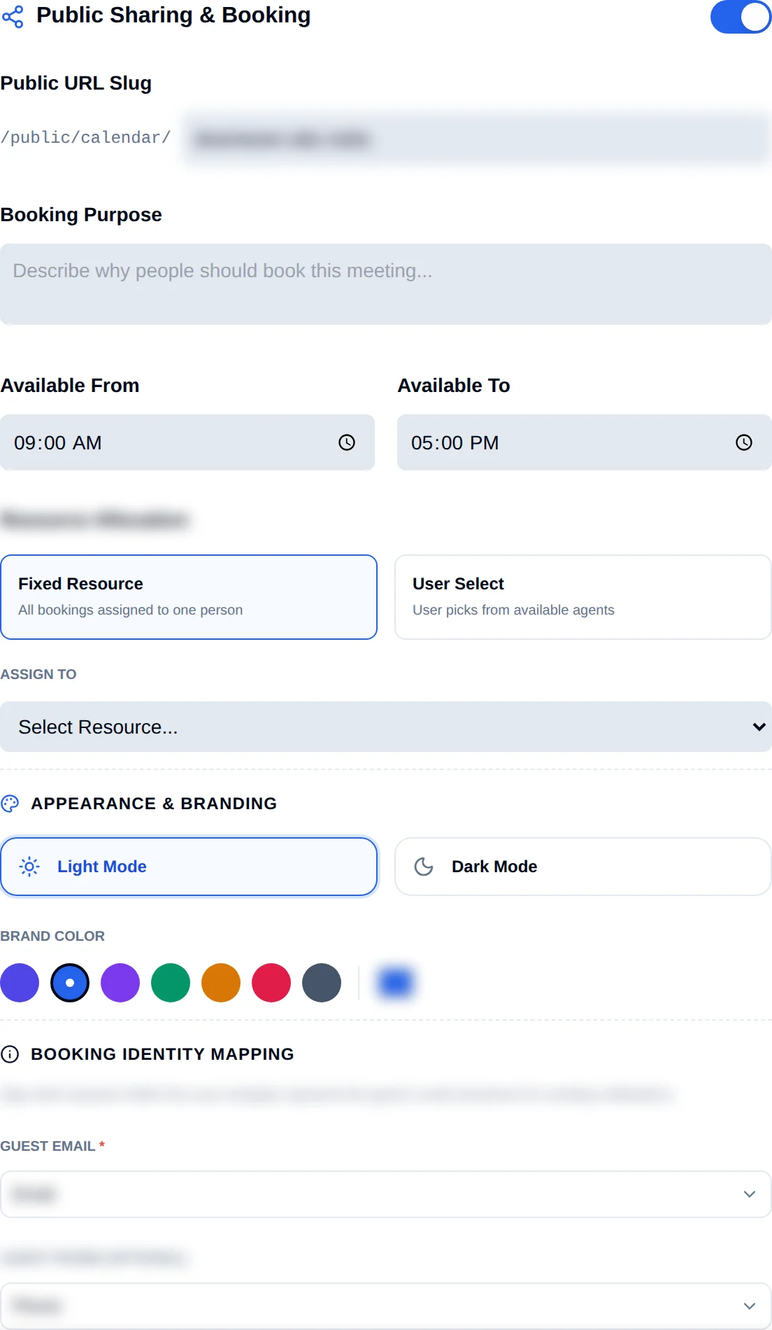 The Public Sharing and Booking section showing the URL slug, purpose, availability window, resource selection, theme and identity mapping