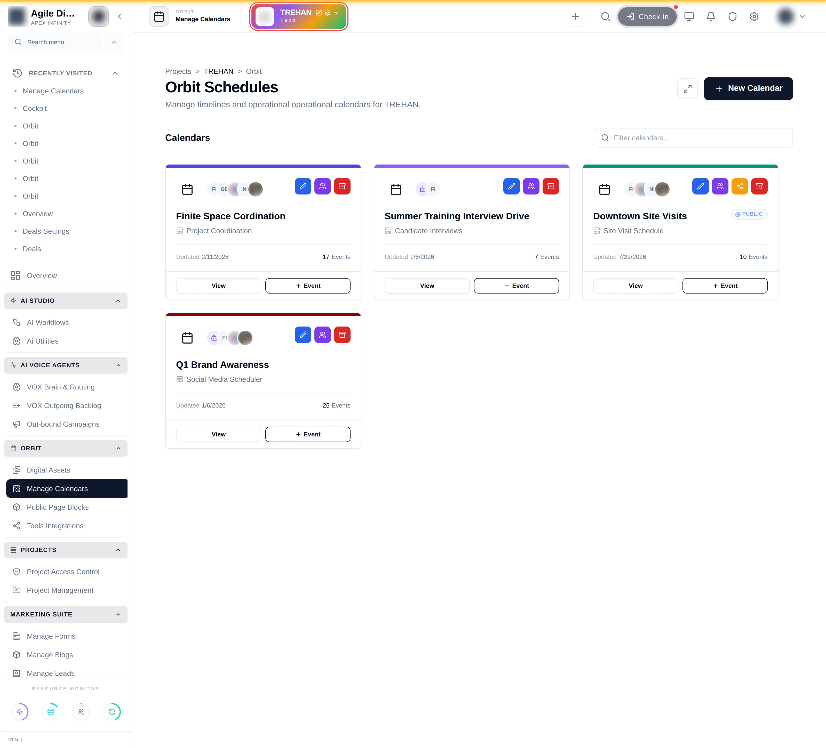 The Orbit Schedules dashboard listing a project's calendars as cards