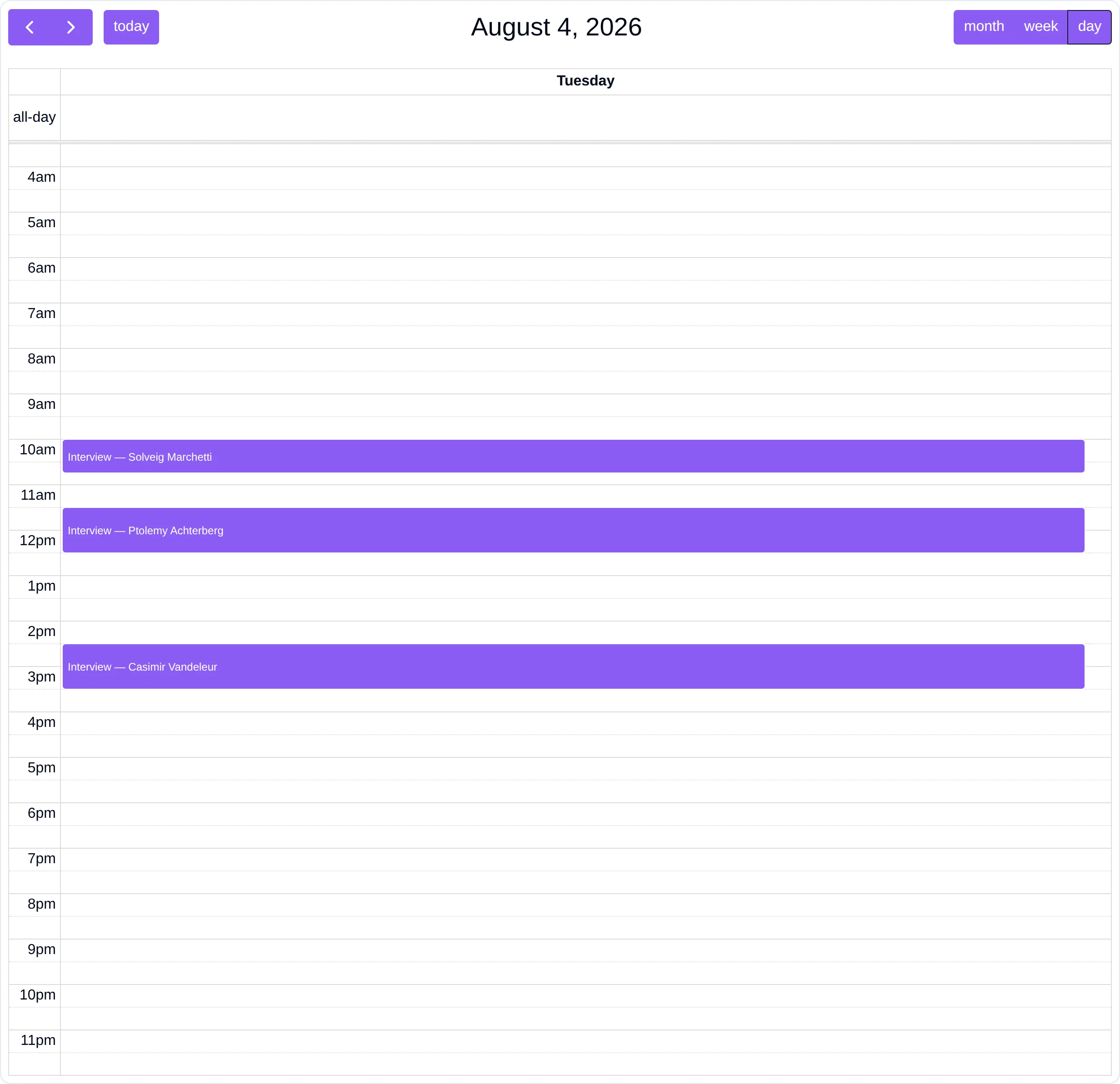 A day view showing three interviews