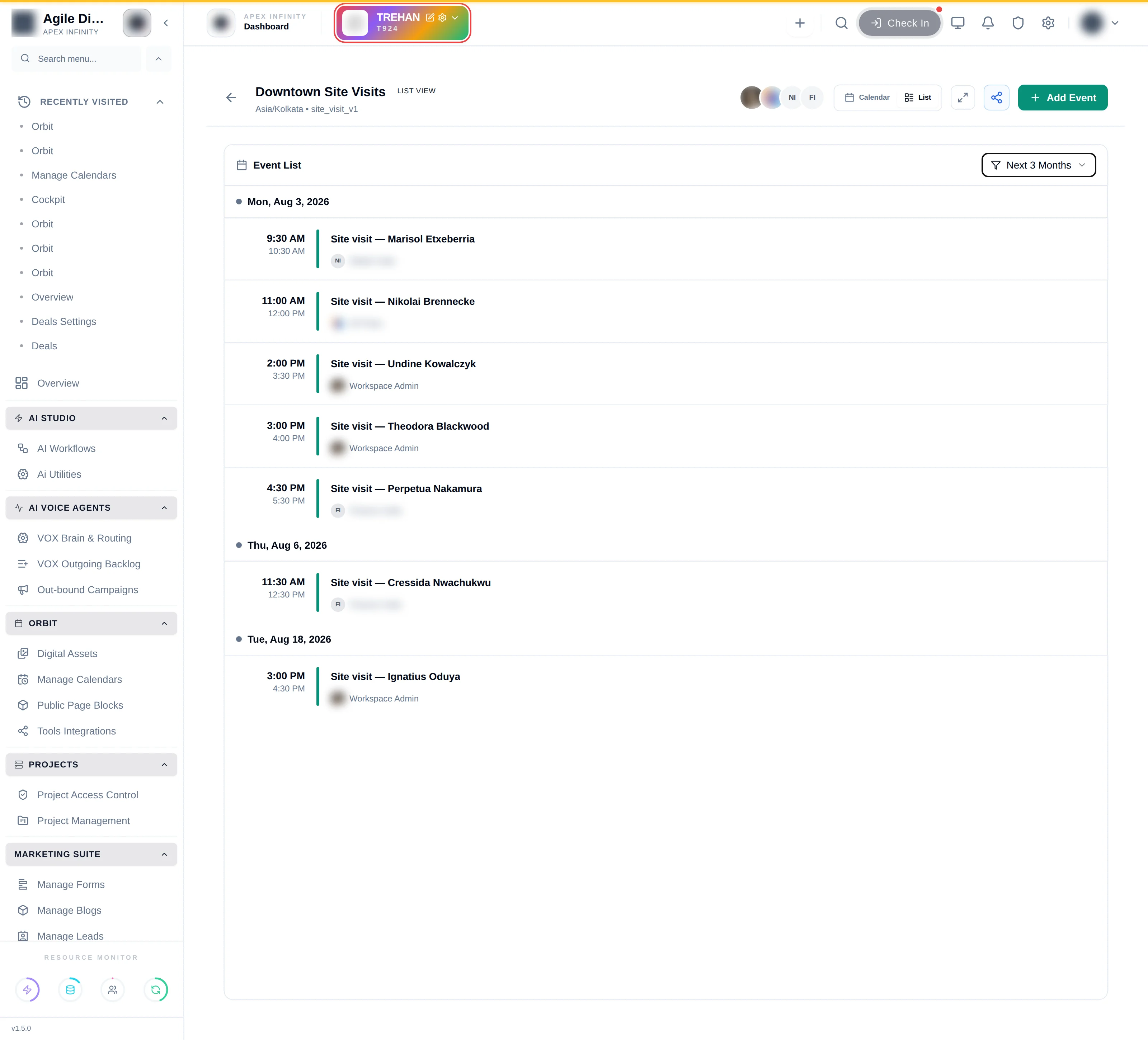 The list view, grouped by date, showing time, title and assignee for each event