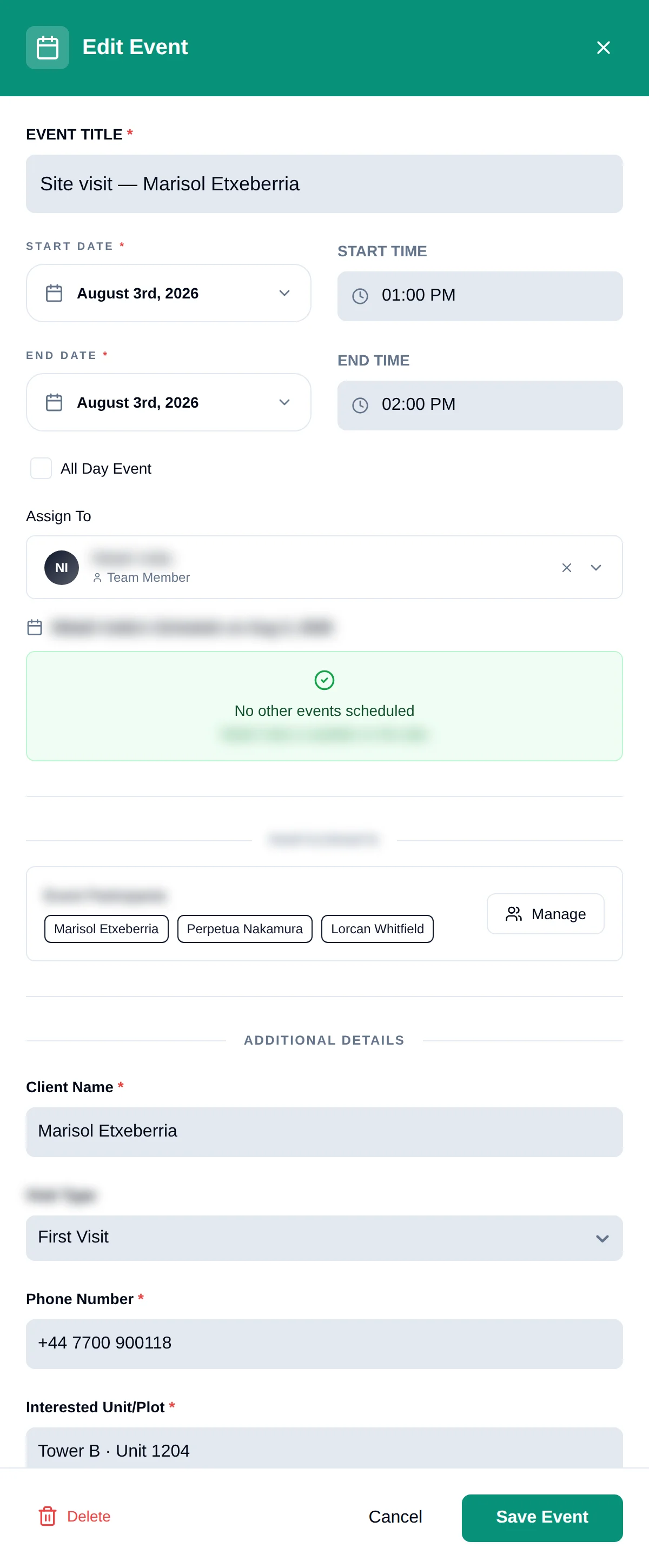 The event form showing title, start and end date and time, all-day switch and assignee