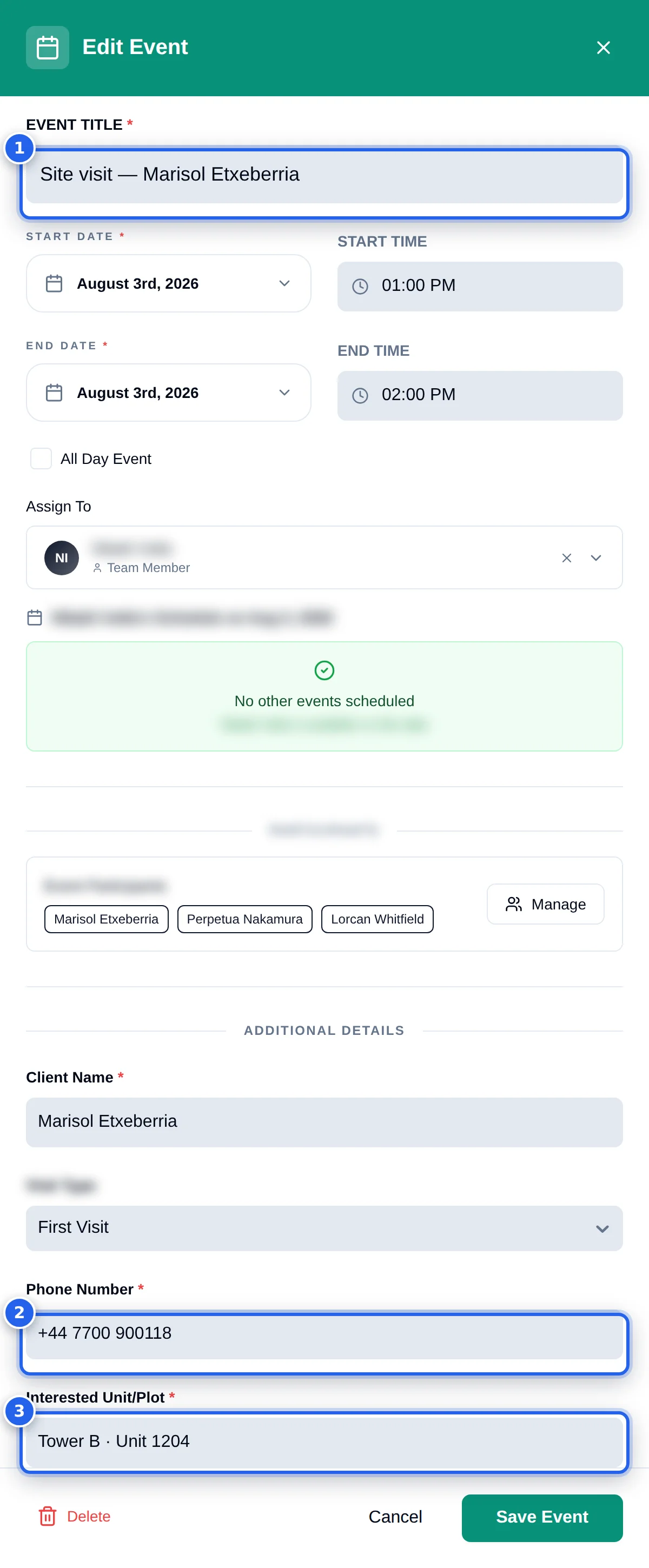 The event form with the title, phone number and unit fields numbered one to three