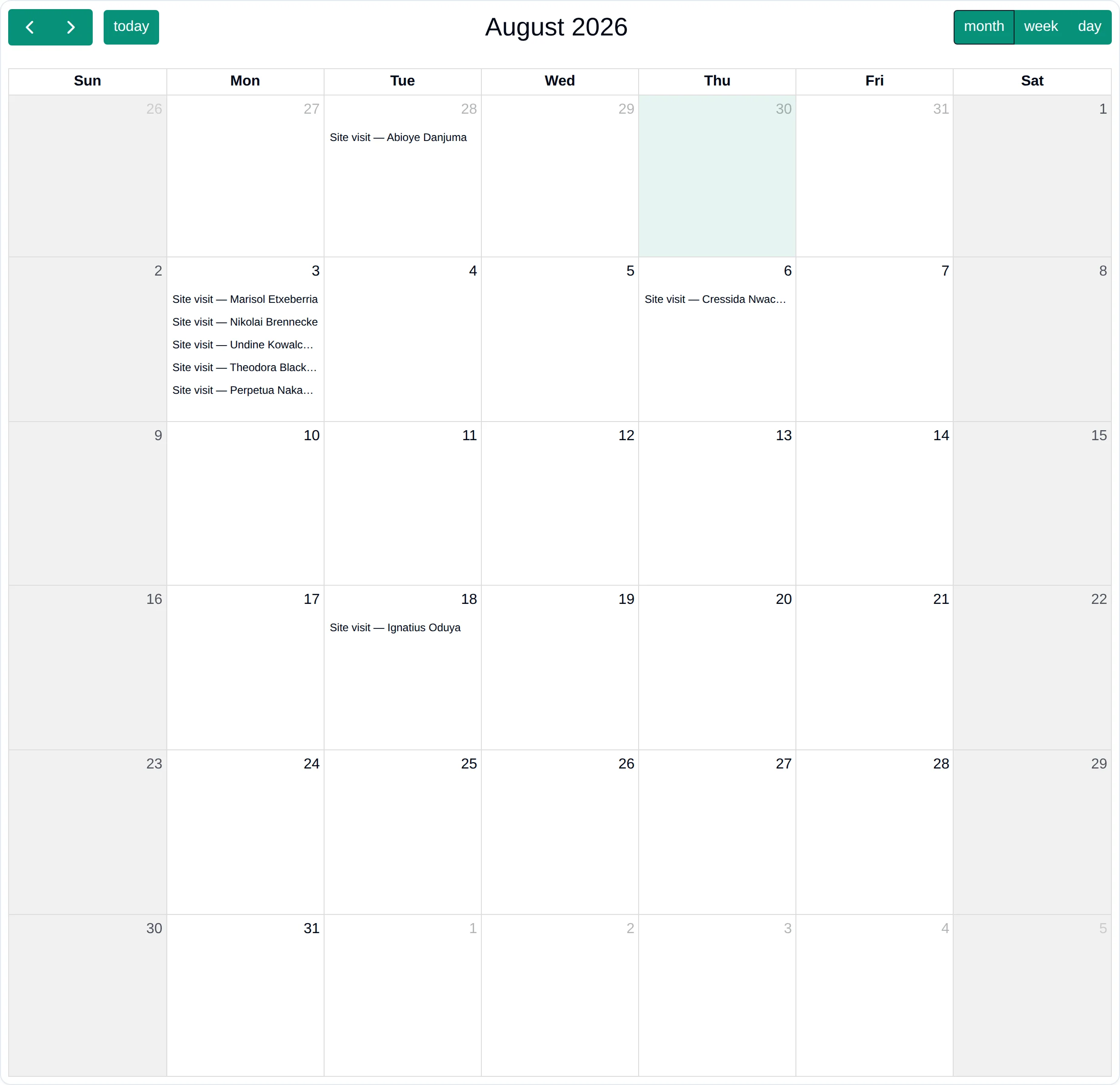 A month view of a site-visit calendar showing several visits across August
