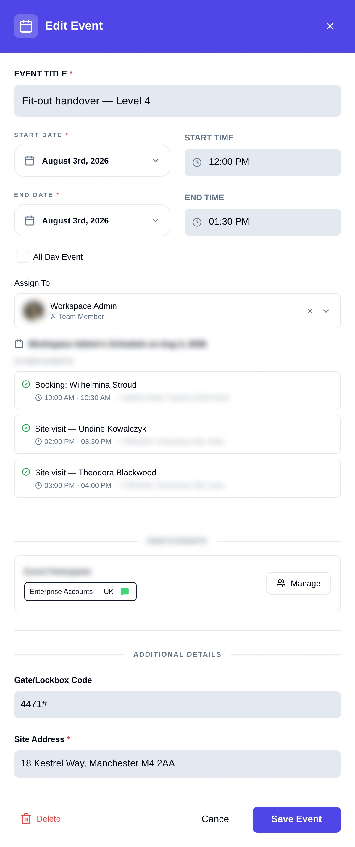 An event form with a contact group as a single participant chip