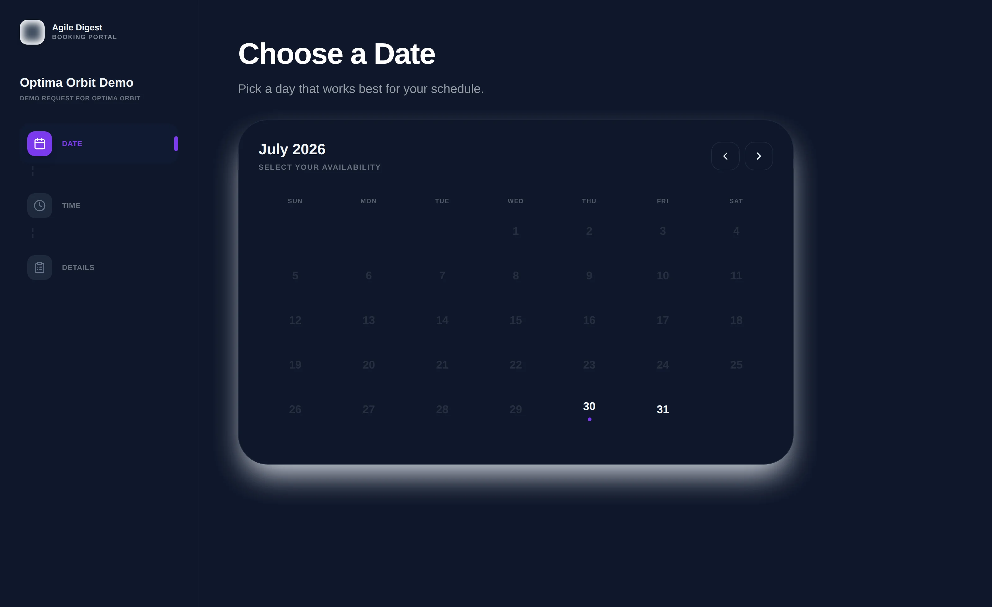 The public booking page showing a three-step sidebar and a month picker