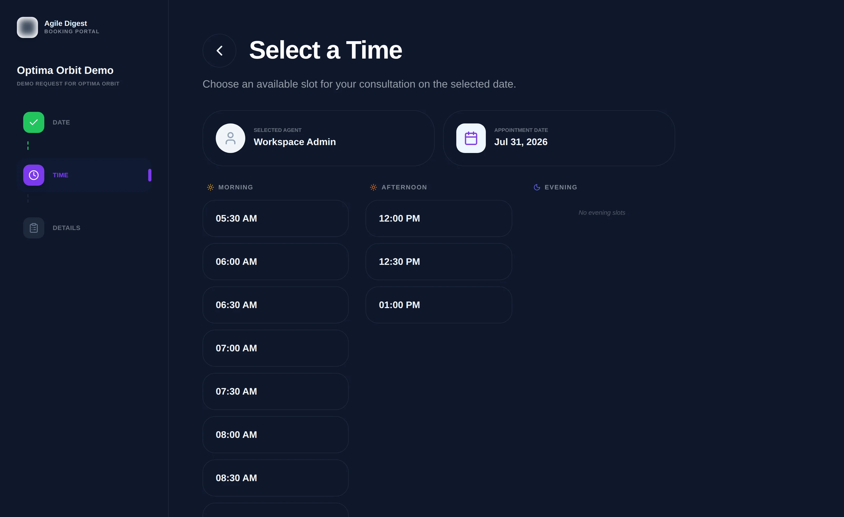 The time-selection step, showing morning and afternoon slots grouped in columns