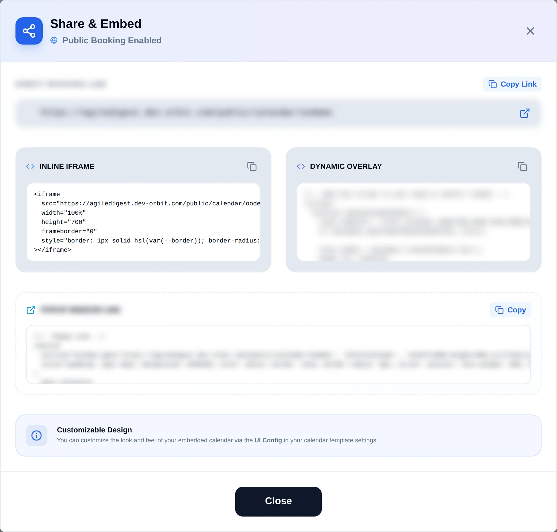 The Share and Embed dialog showing the public link and an embed snippet