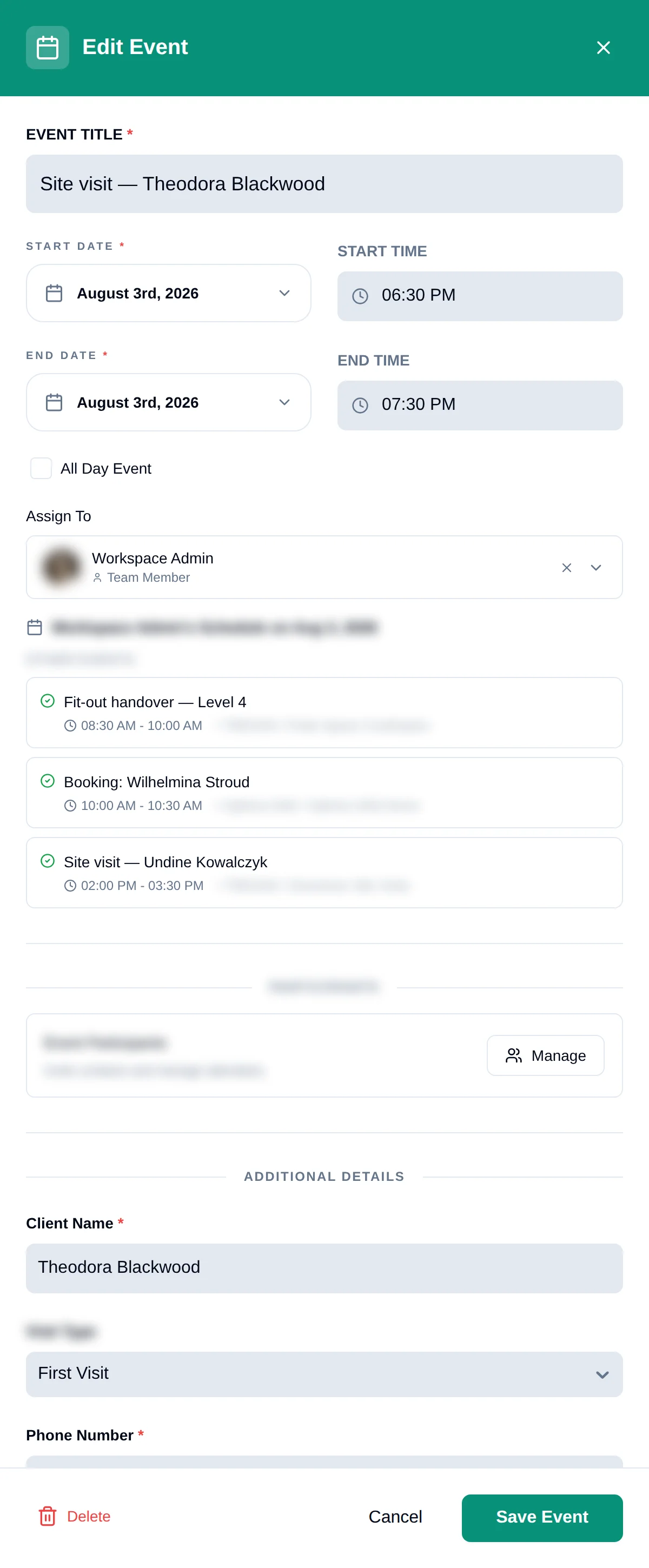 An event form listing a resource's other events for the day, including a booking made from the public page