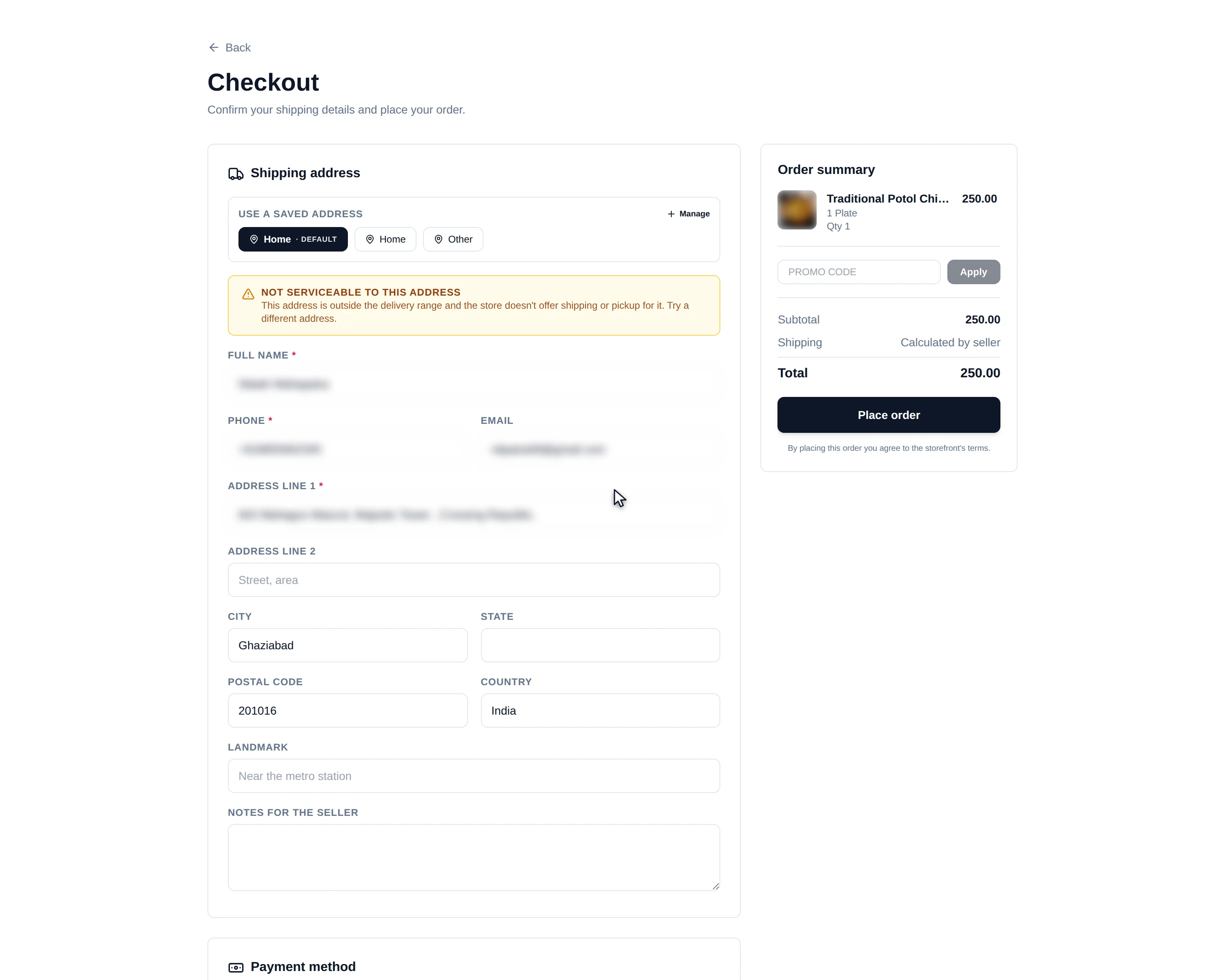 The checkout page showing saved addresses, a not-serviceable warning, the shipping address form, the order summary with promo code, and the place order button