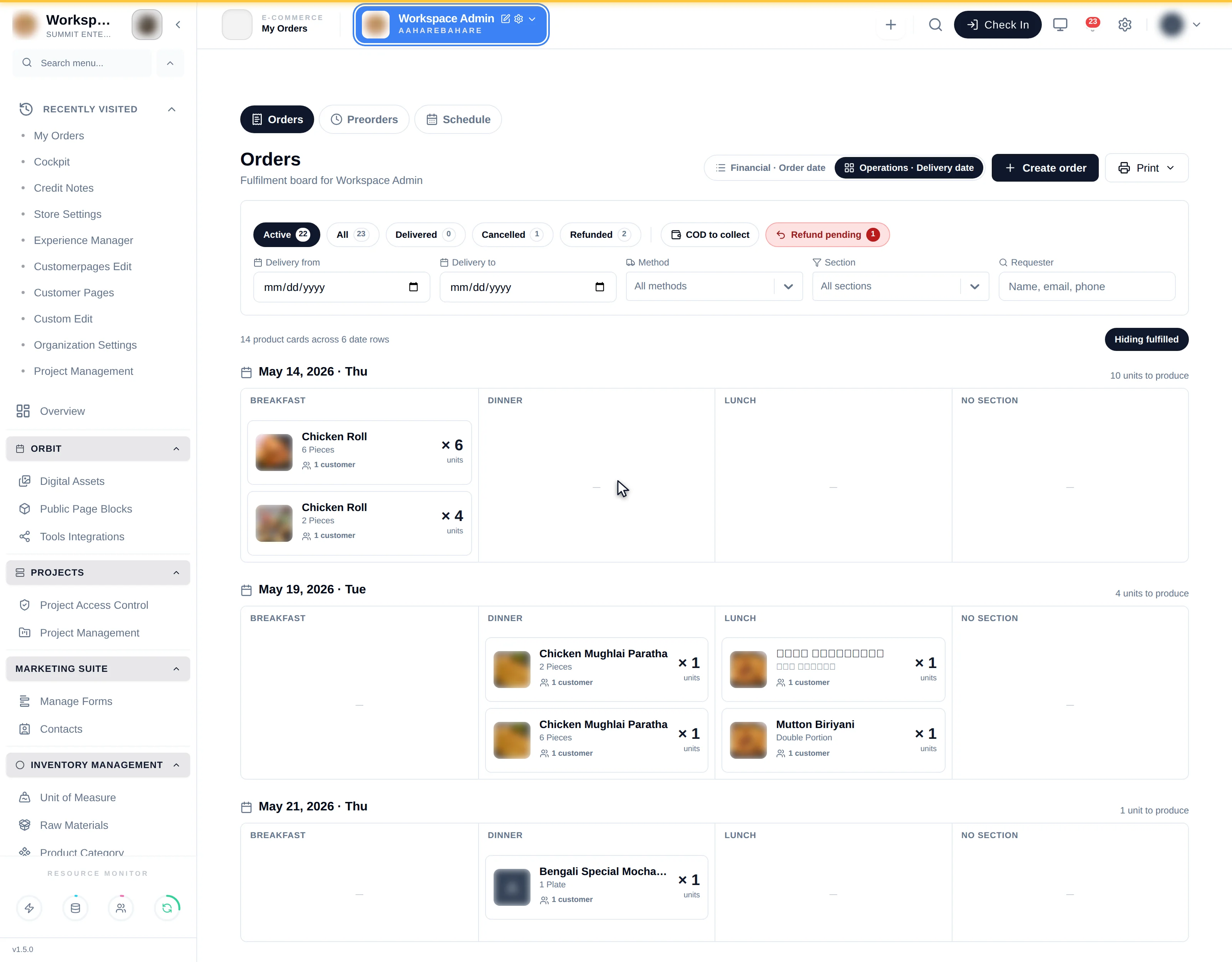 The operations view grouping orders by delivery date and fulfilment section
