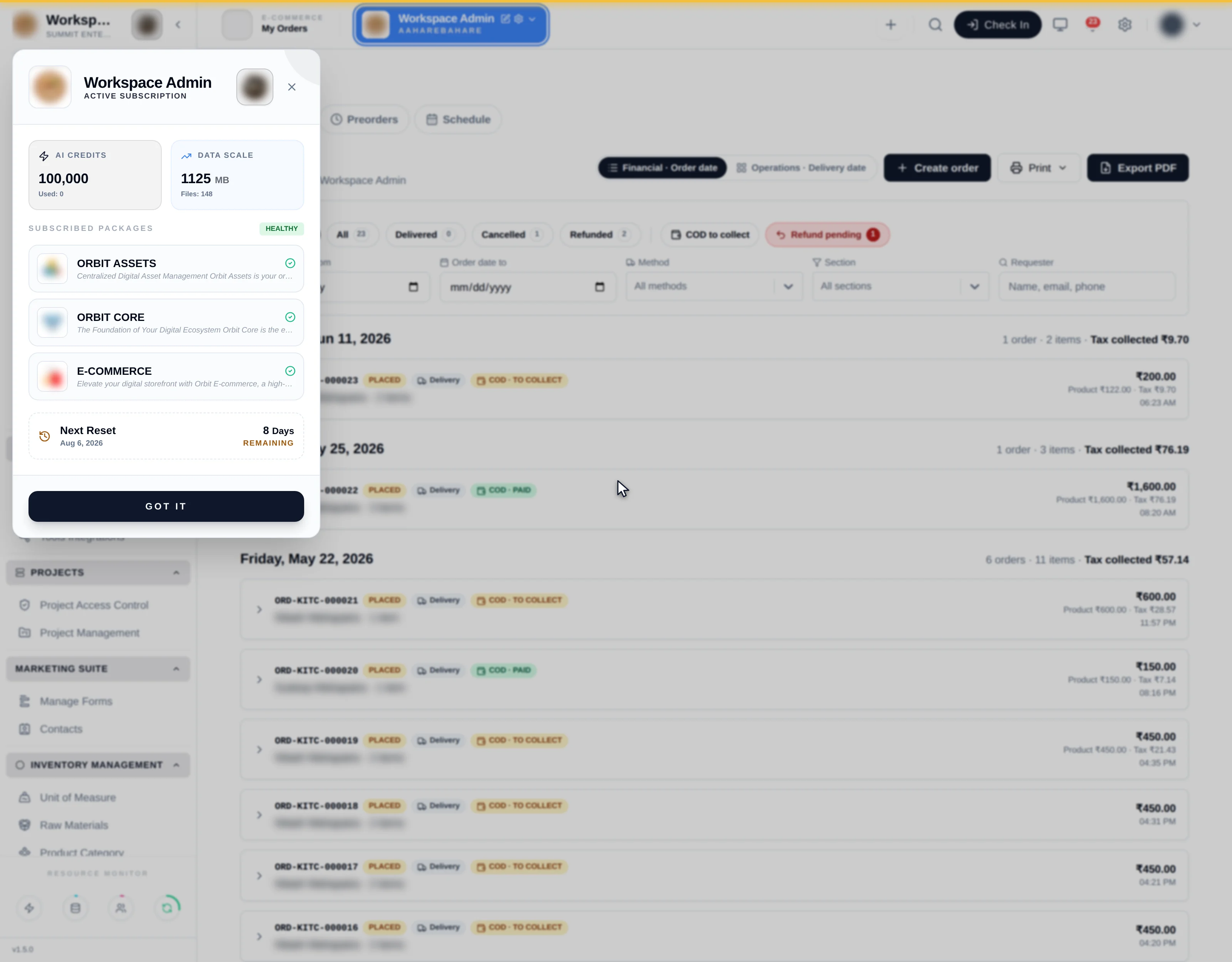 An expanded order card showing its items, schedule, customer details and actions