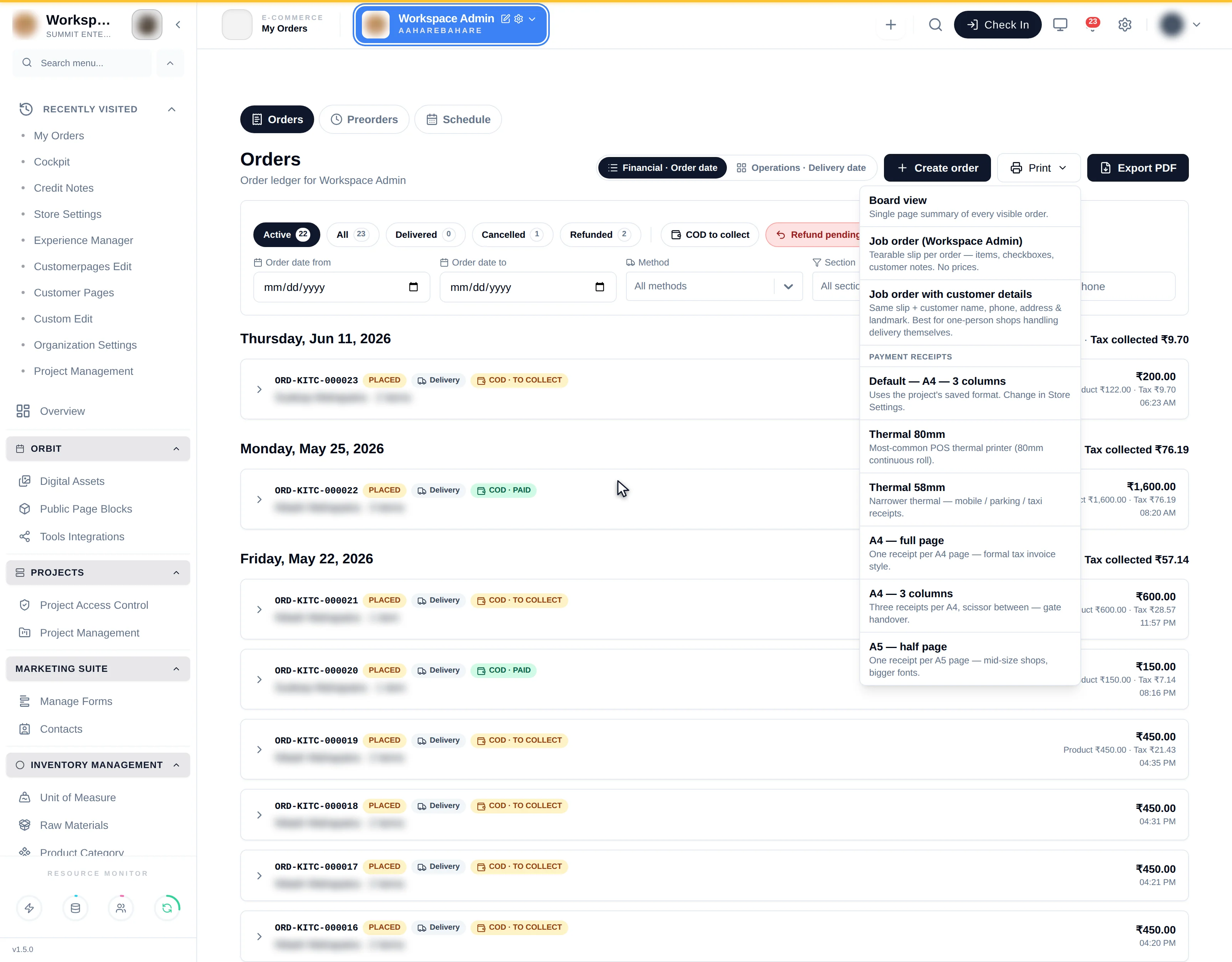 The Print split menu offering Board view, Job Order with and without customer details, and payment receipts in five paper formats plus a Default row