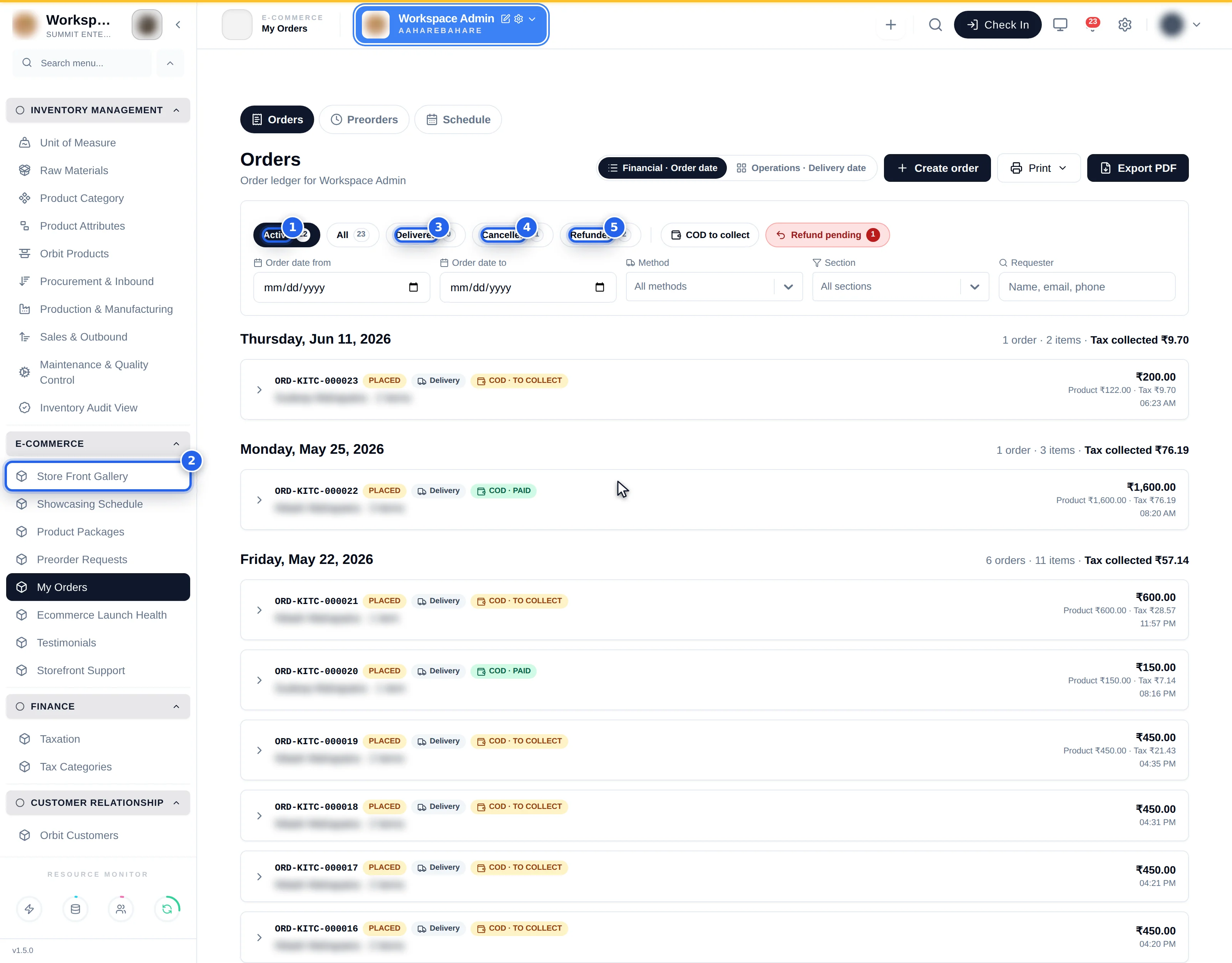 The status pills — Active, All, Delivered, Cancelled and Refunded — each showing a count