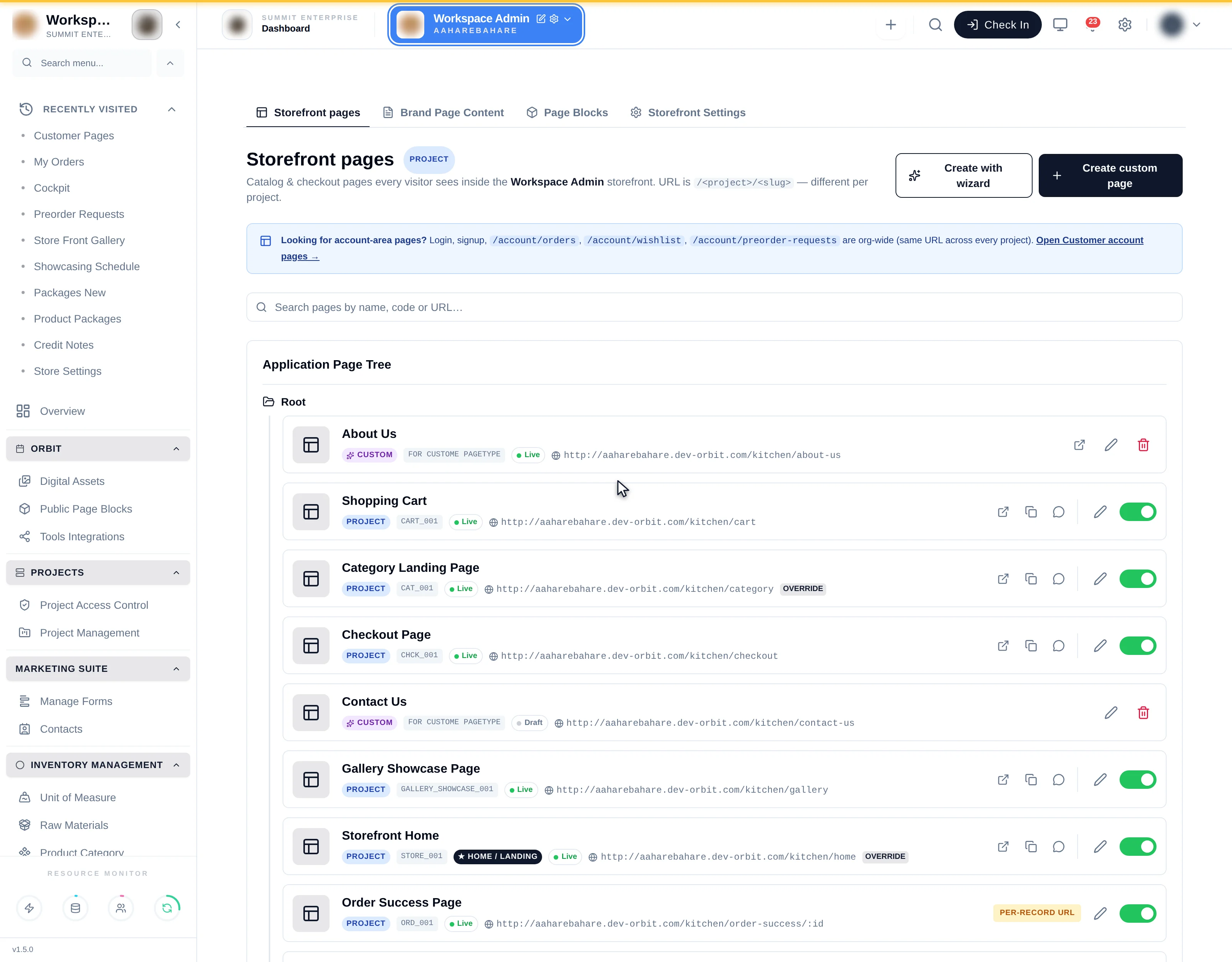 The create page drawer asking for a page type, a name and a URL slug with live availability checking