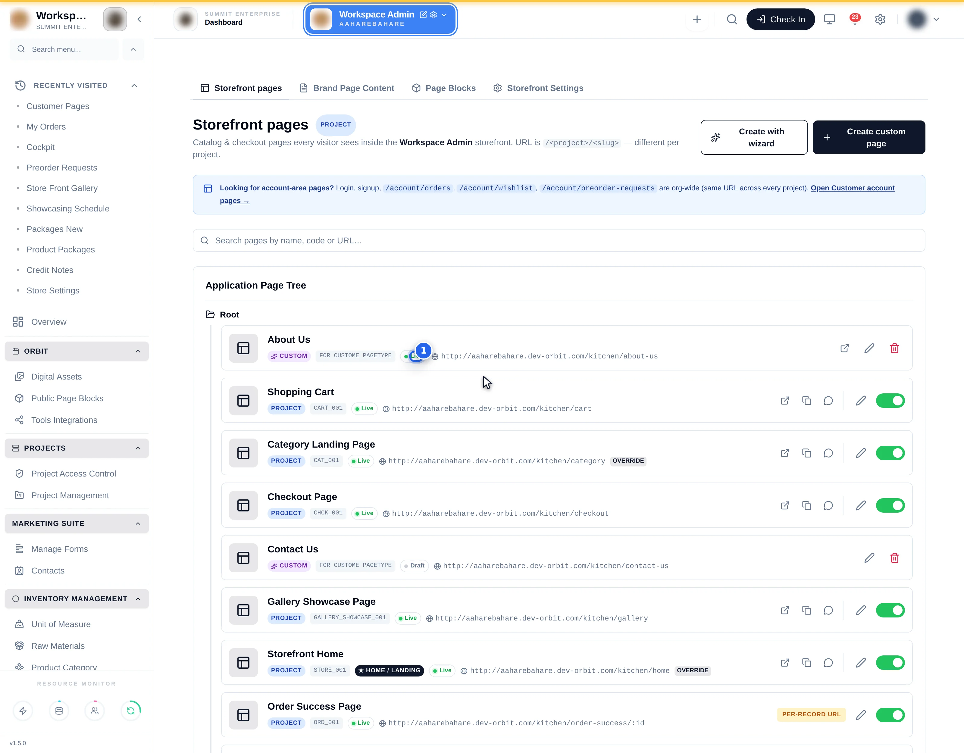The public pages list showing each page with a Live or Draft badge